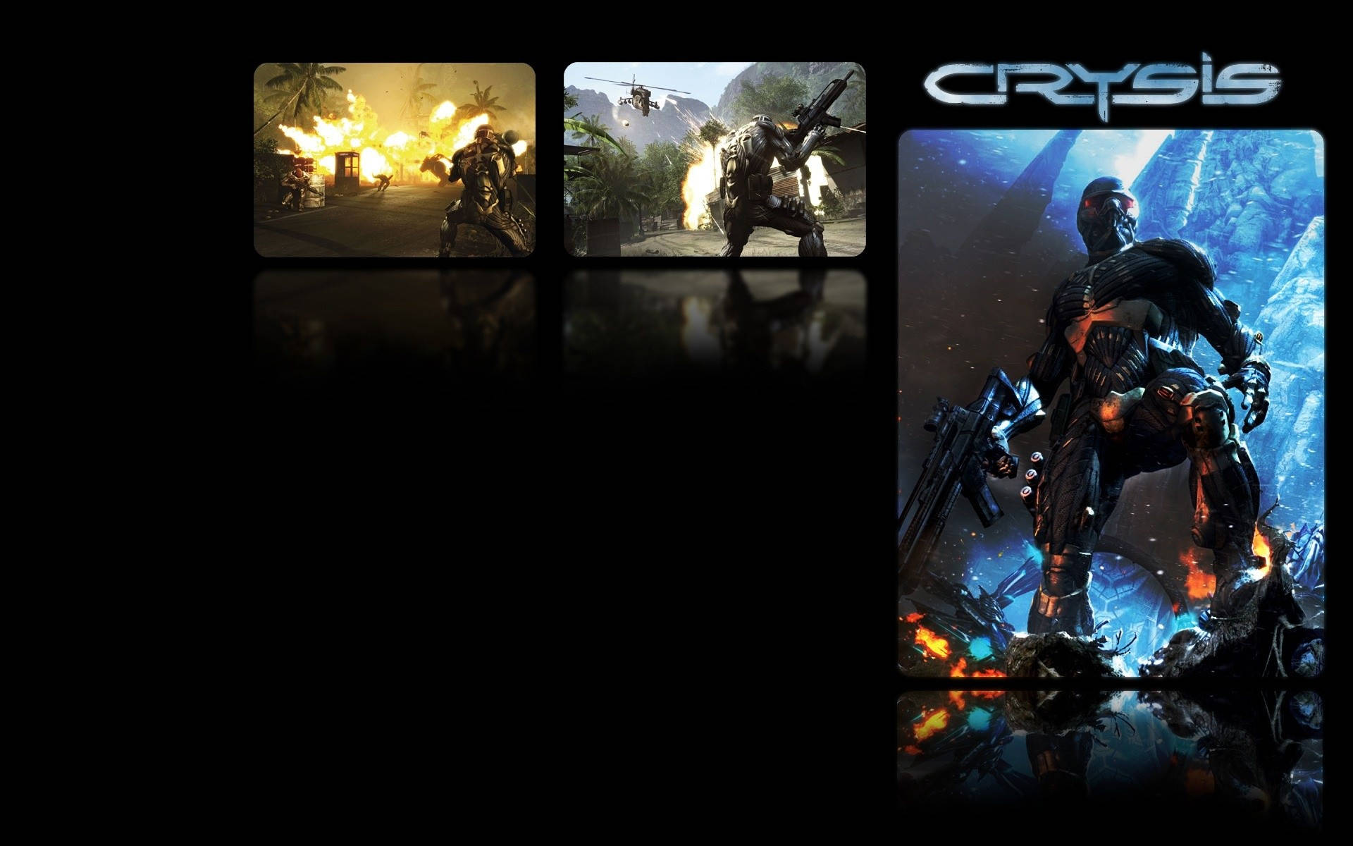 Crysis Warhead 桌布 壁紙 — 一名身穿先進裝甲的士兵在熾熱的熱帶戰場上準備就緒，背景有爆炸和直升機。