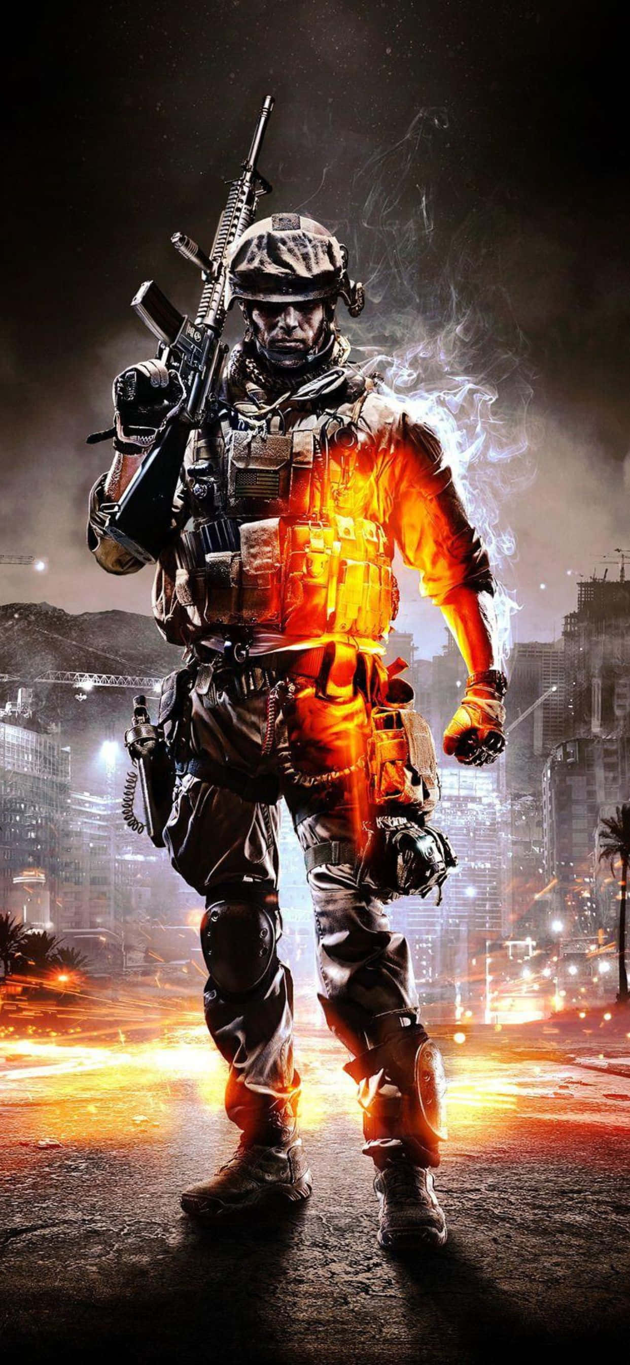 HD Battlefield V 桌布 壁紙 — 一名身穿全副戰術裝備的士兵，在燃燒的城市戰場上，被熾熱的橙色火焰吞噬著身軀，屹立不搖。