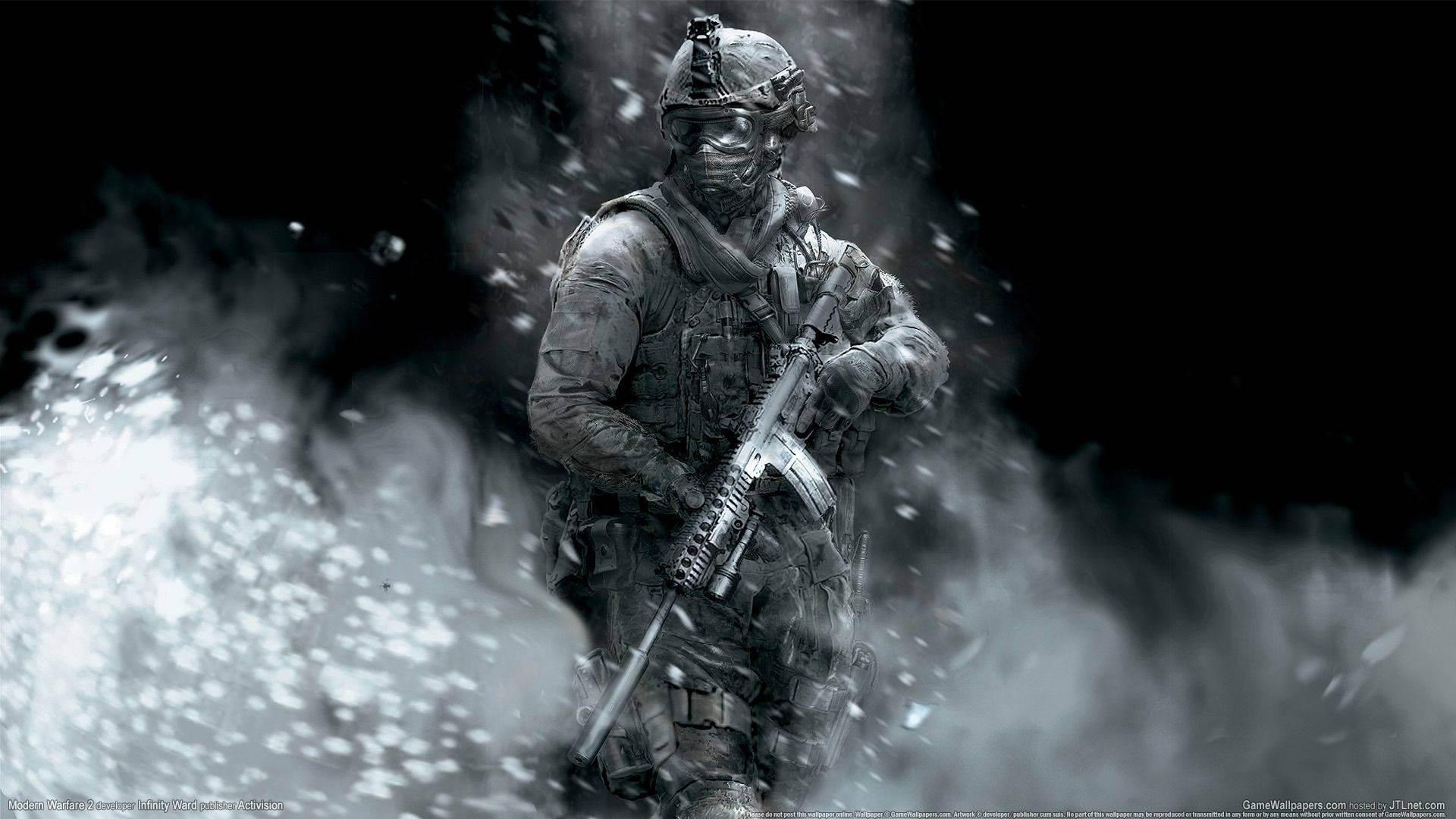 Modern Warfare 桌布 壁紙 — 一名身穿全副戰術裝備的士兵站在爆炸煙霧和碎片中，呈現 gritty 黑白戰場場景。