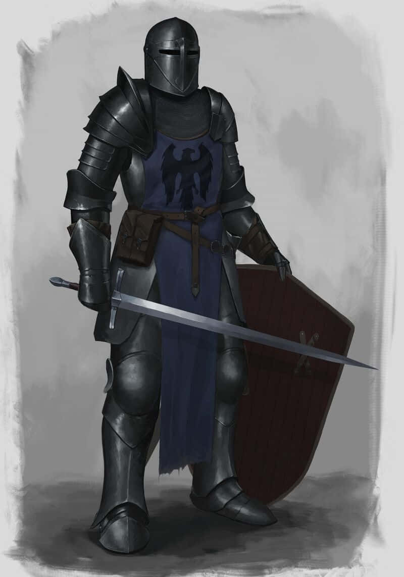 Crusader 桌布 壁紙 — 一名身穿全副暗色盔甲的騎士，手持劍與盾，立於柔和的灰色背景前。