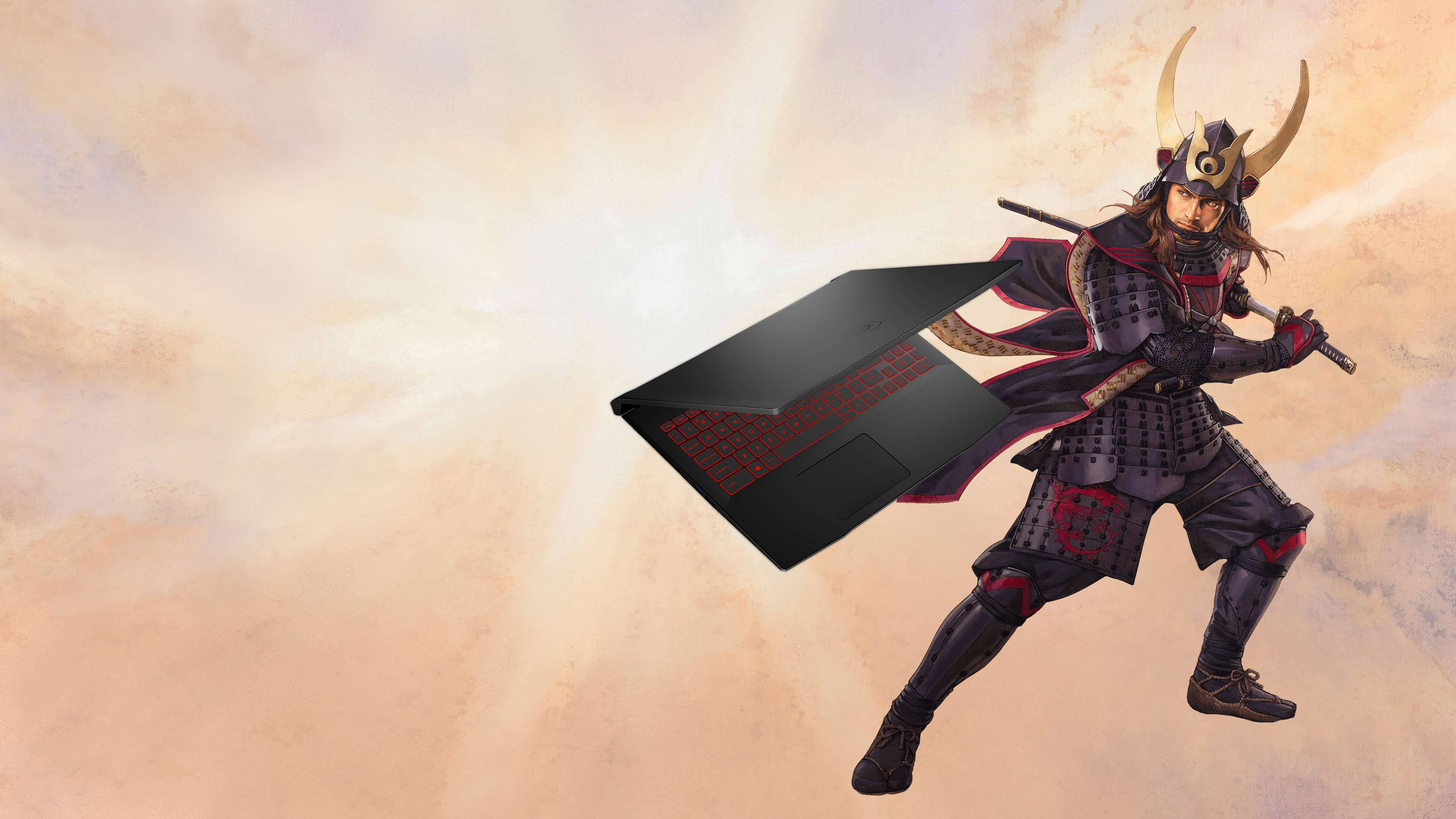 MSI 4K 桌布 壁紙 — 一名身穿全副盔甲的武士戰士手持劍向前邁進，一部帶有紅色點綴的時尚黑色筆記型電腦在他旁邊漂浮，背景柔和發光。