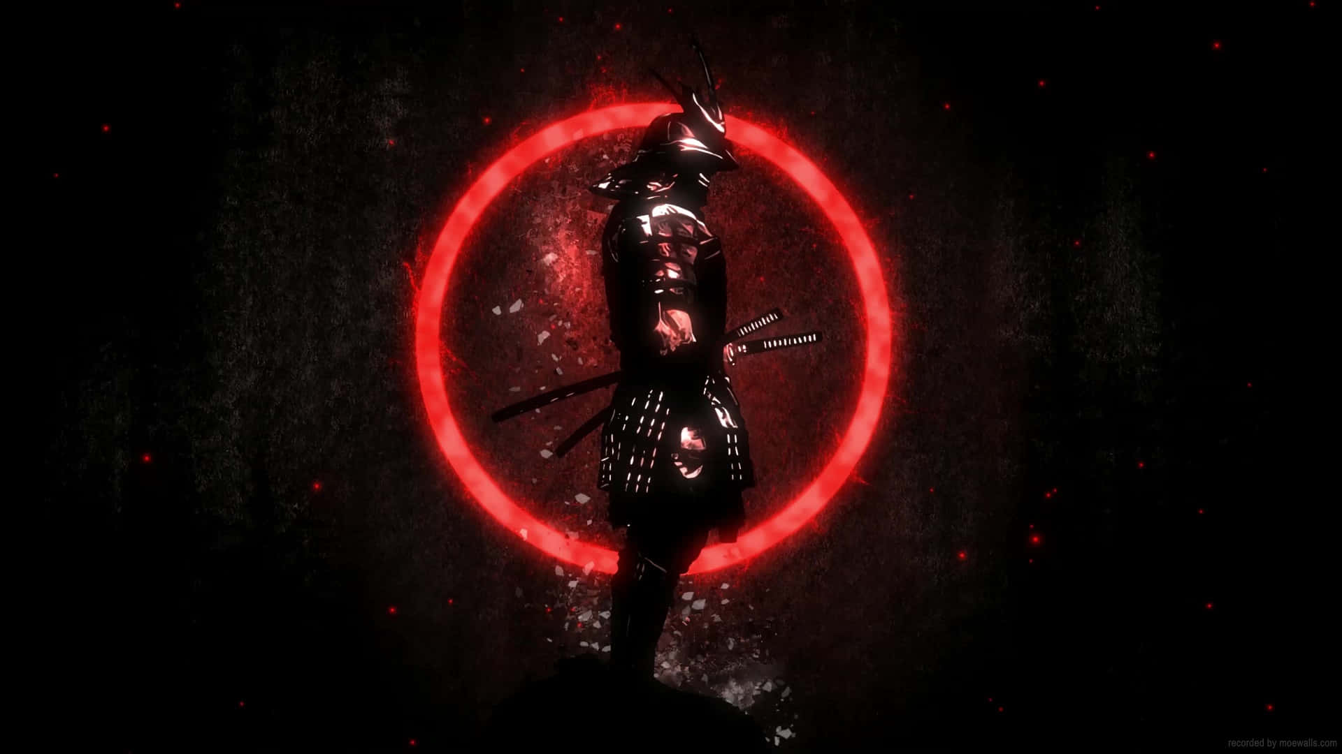 武士動畫 桌布 壁紙 — 一名身穿全副盔甲的武士武士在黑暗的紋理環境中，以發光的紅色圓形光環為背景，呈現剪影。