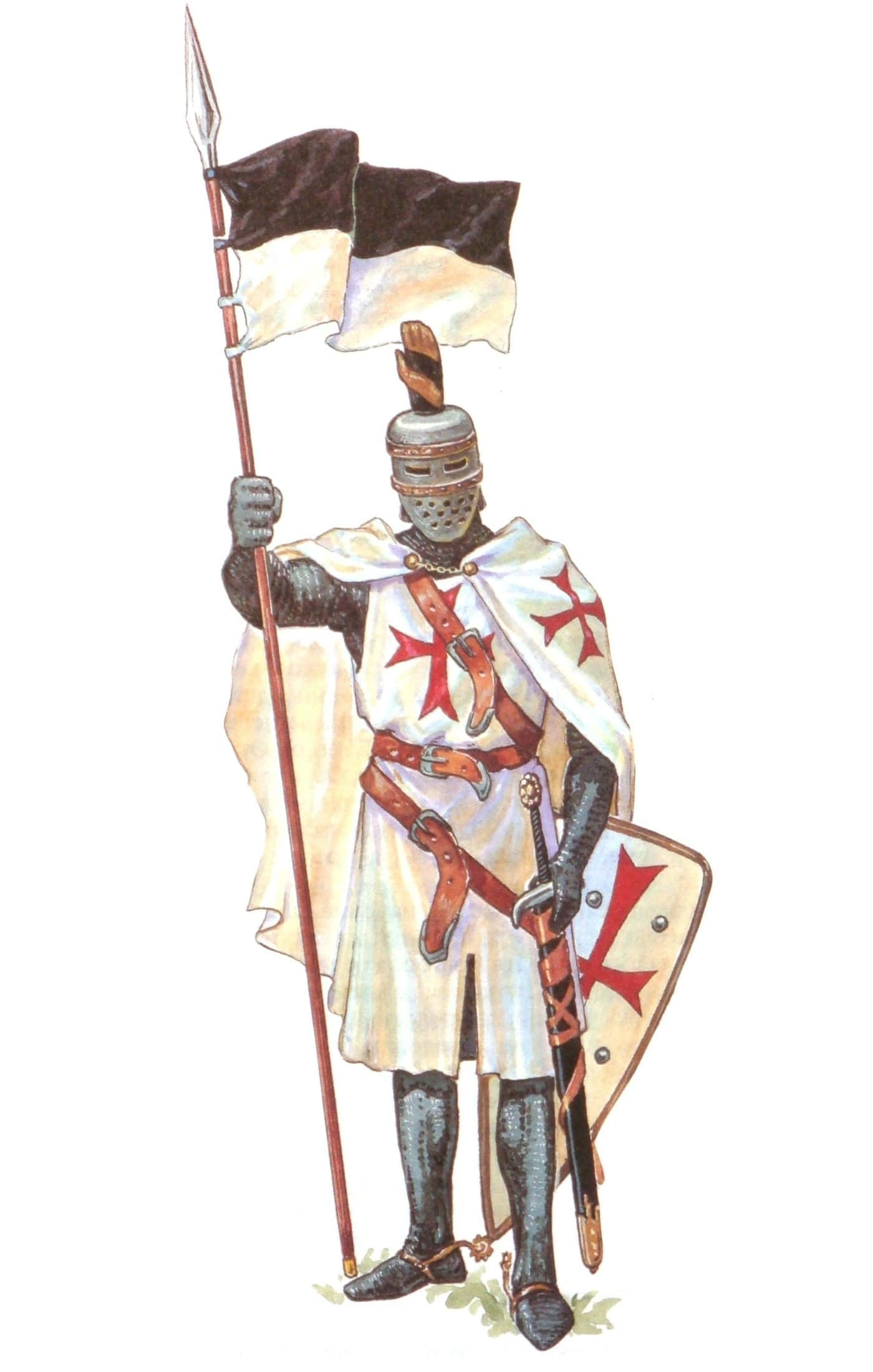 Crusader 桌布 壁紙 — 一名身穿全副盔甲的騎士，在純白色背景上手持一面飾有紅色十字的旗幟和盾牌。