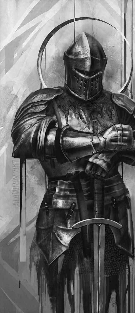 Crusader 桌布 壁紙 — 一名身穿全副盔甲的騎士，在風格化的抽象背景前莊嚴地持劍站立。