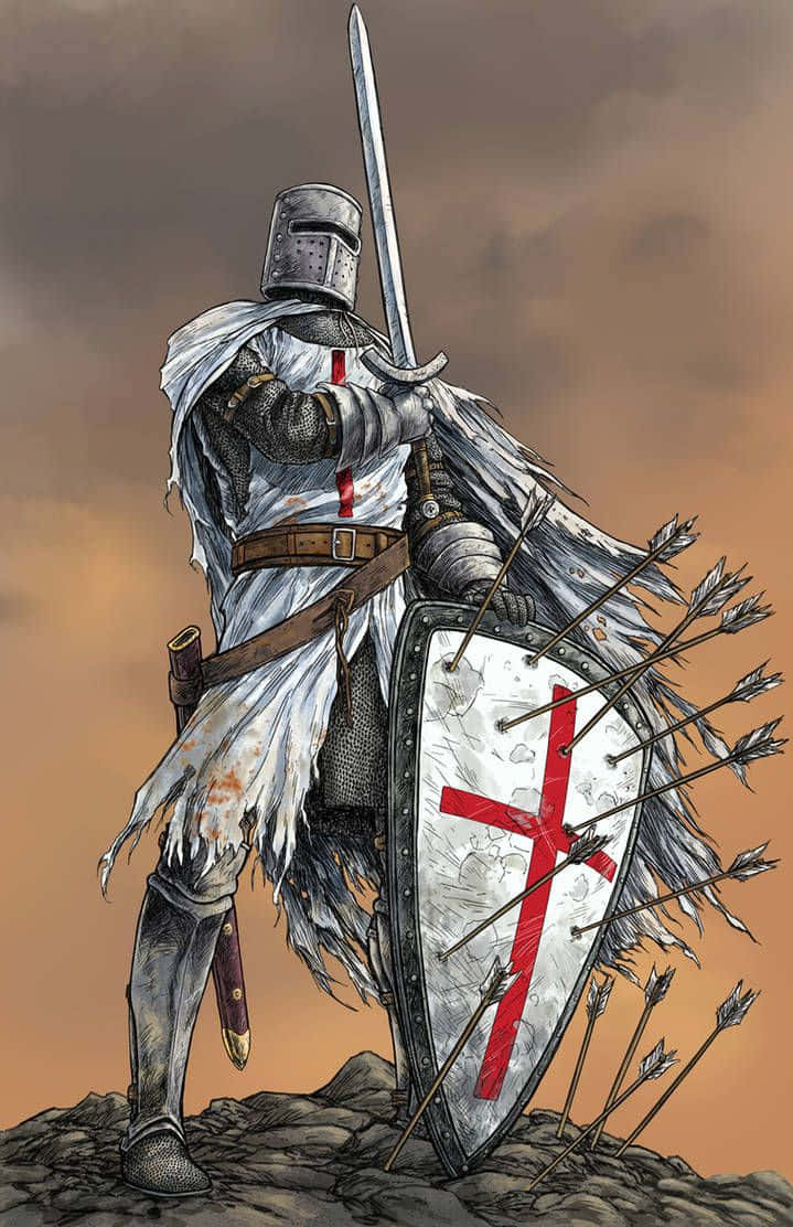 Crusader 桌布 壁紙 — 一名身穿全副盔甲的騎士在岩石山上挑釁地站著，手持劍和被箭刺穿的盾牌，天空呈暗橙色。