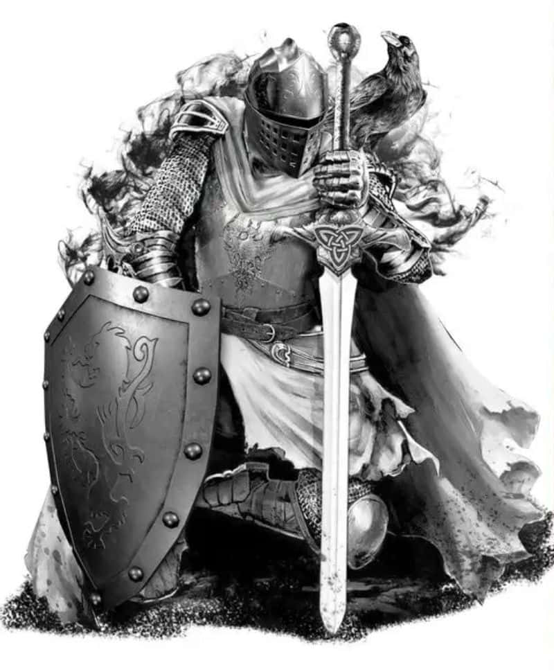 Crusader 桌布 壁紙 — 一名身穿全副盔甲的騎士跪著，手持劍和盾牌，肩上棲息著一隻烏鴉，這是一幅戲劇性的單色插圖。
