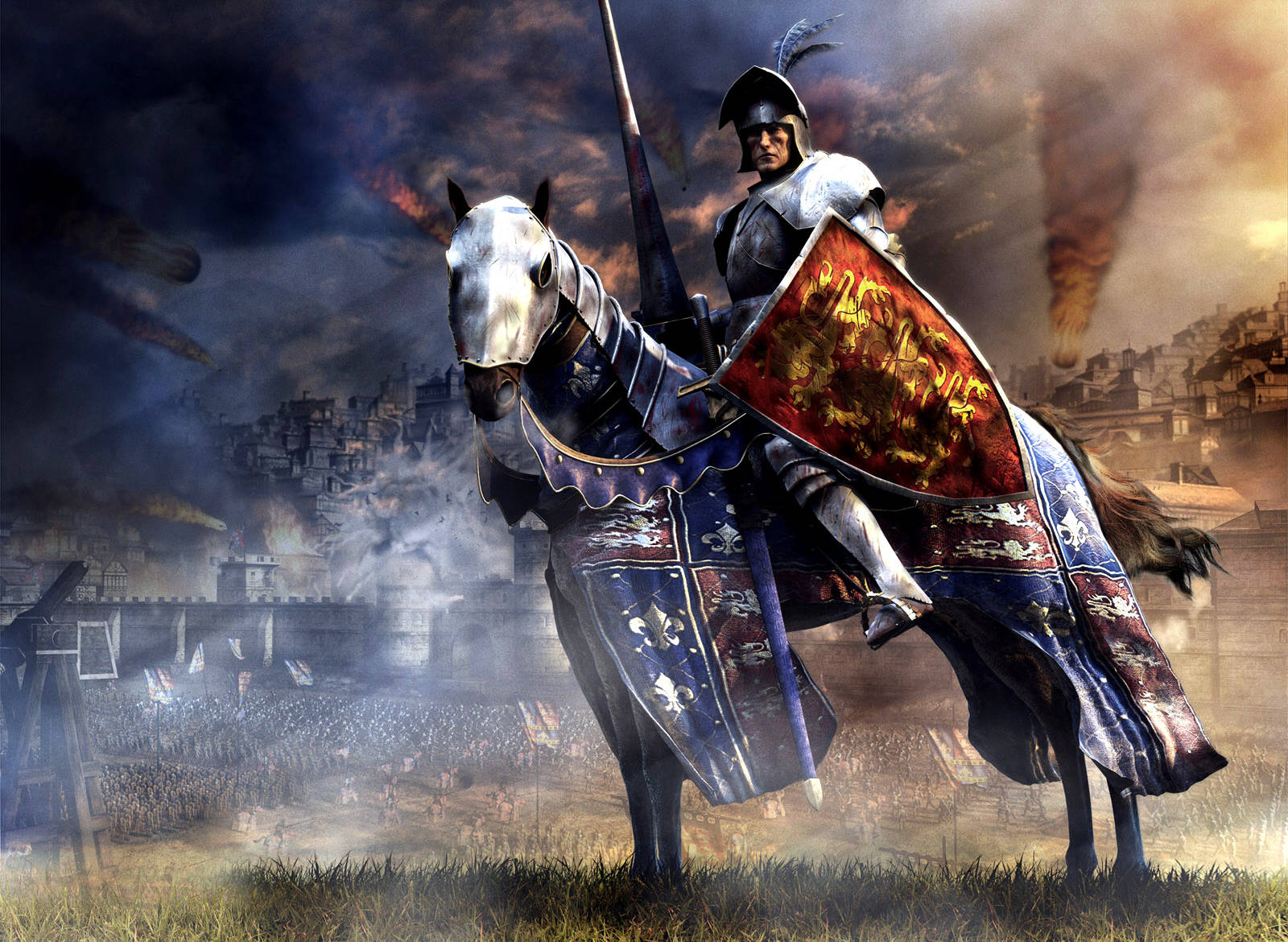 Total War 桌布 壁紙 — 一名身穿全副盔甲的騎士騎著白馬，手持紅色盾牌穿過戰場，煙霧從燃燒的城市牆壁上升起。