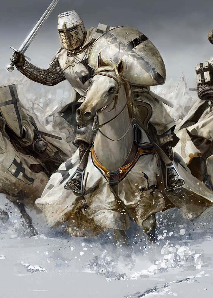 Crusader 桌布 壁紙 — 一名身穿全副盔甲的騎士騎著白馬，手持劍和盾牌穿越雪地。