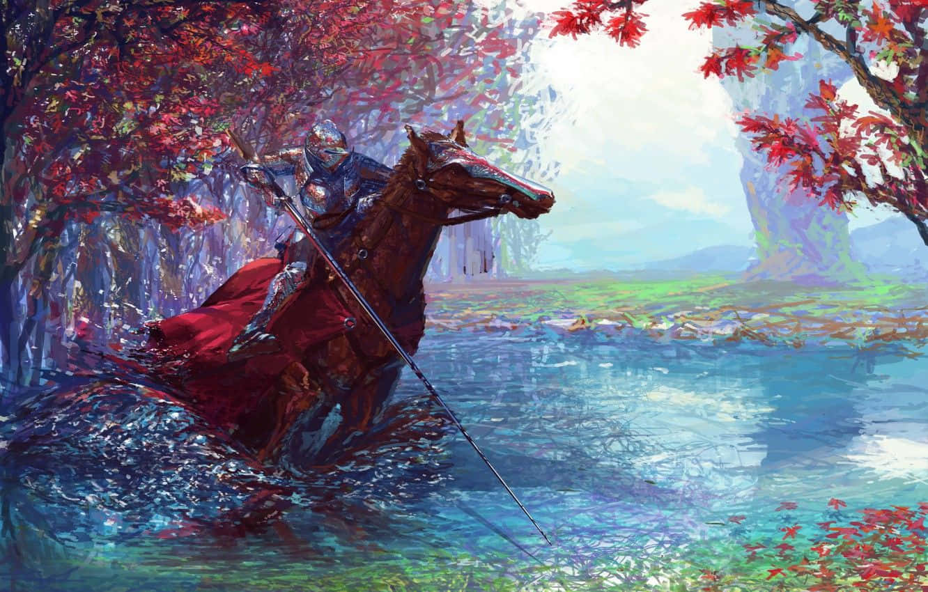 奇幻藝術 桌布 壁紙 — 一名身穿全副盔甲的騎士騎著馬穿過一條淺河，周圍是鮮紅的秋樹，天空柔和。