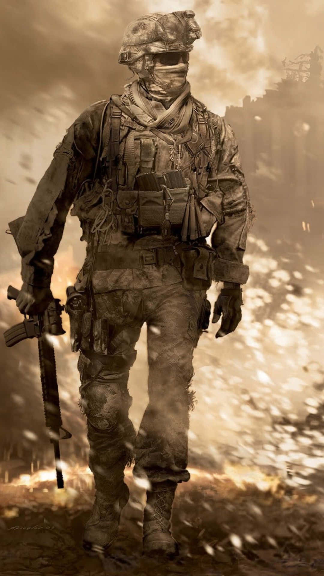 Call Of Duty Soldiers 桌布 壁紙 — 一名身穿全套作戰裝備的士兵在煙霧彌漫、碎片飛揚的戰場上大步前行。