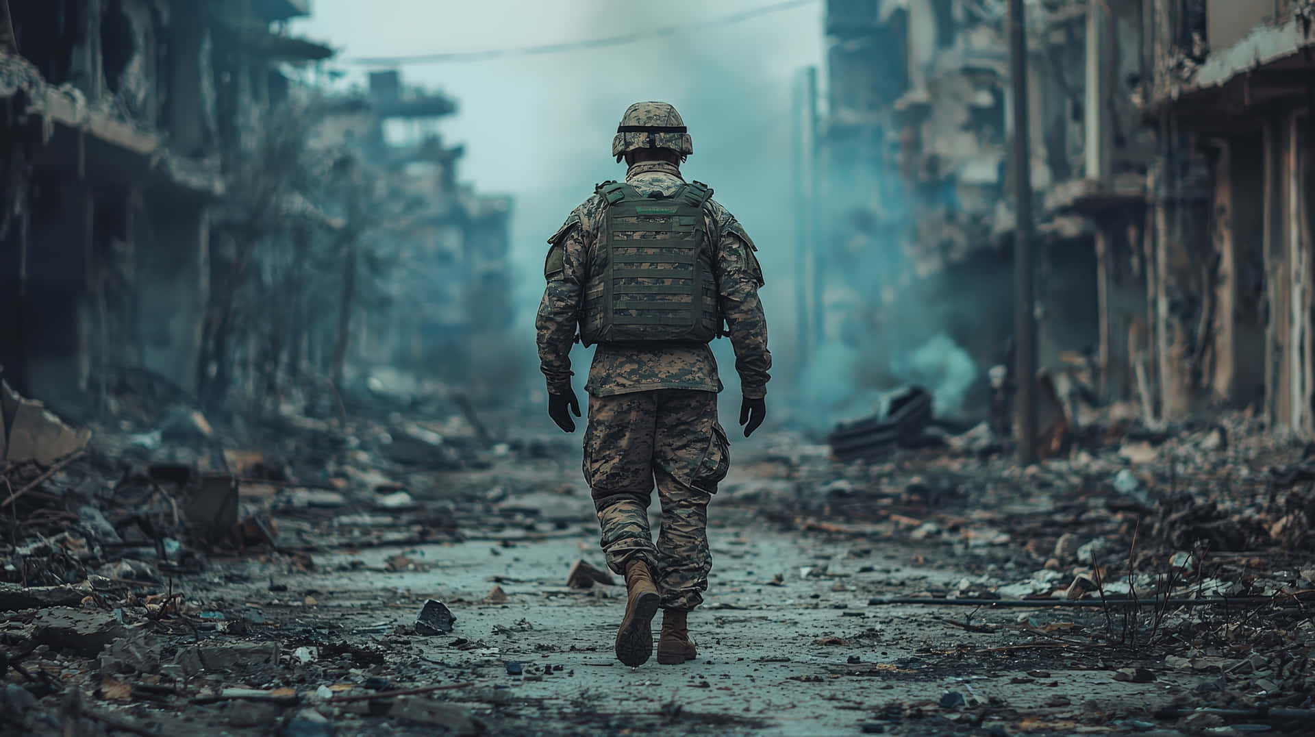 A lone soldier in combat gear walks through a destroyed city with rubble and smoke, depicting war 壁紙 — 一名身穿全套作戰裝備的士兵獨自走在滿佈瓦礫的街道上，穿過煙霧瀰漫天空下的廢墟城市景觀。