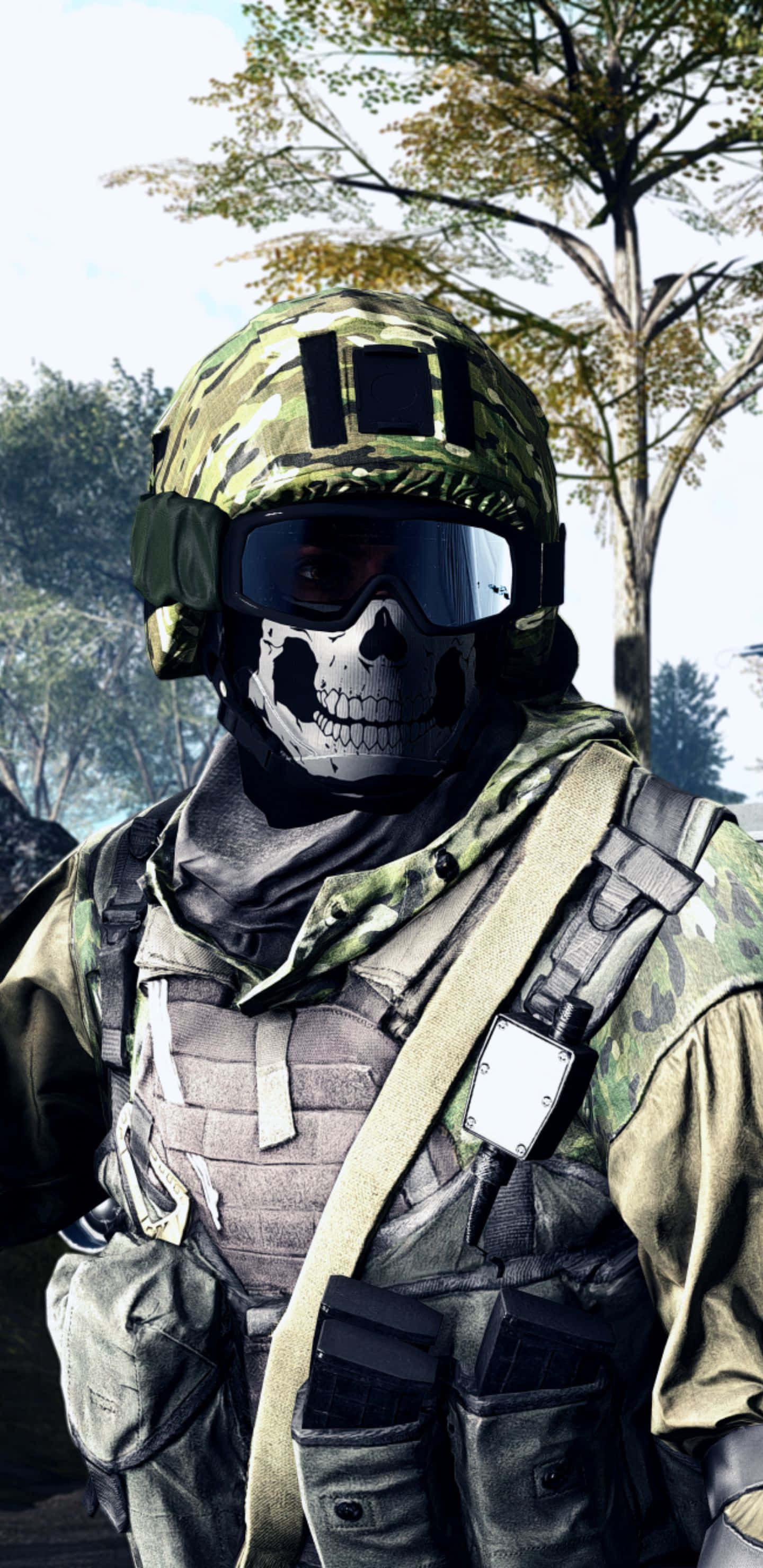 Pixel 3xl Battlefield 4 桌布 壁紙 — 一名身穿全套戰術裝備、戴著骷髏面具的士兵，在明亮的日光下站在森林地區。