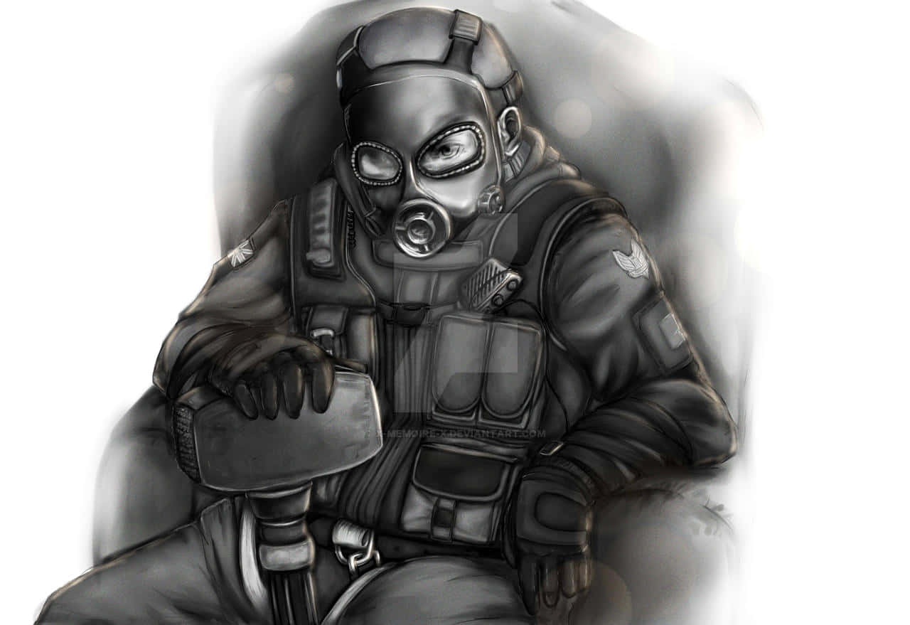 Rainbow Six Siege Sledge 桌布 壁紙 — 一名身穿全套戰術裝備和防毒面具的士兵，在煙霧繚繞的背景中冷靜地坐著，手持武器。