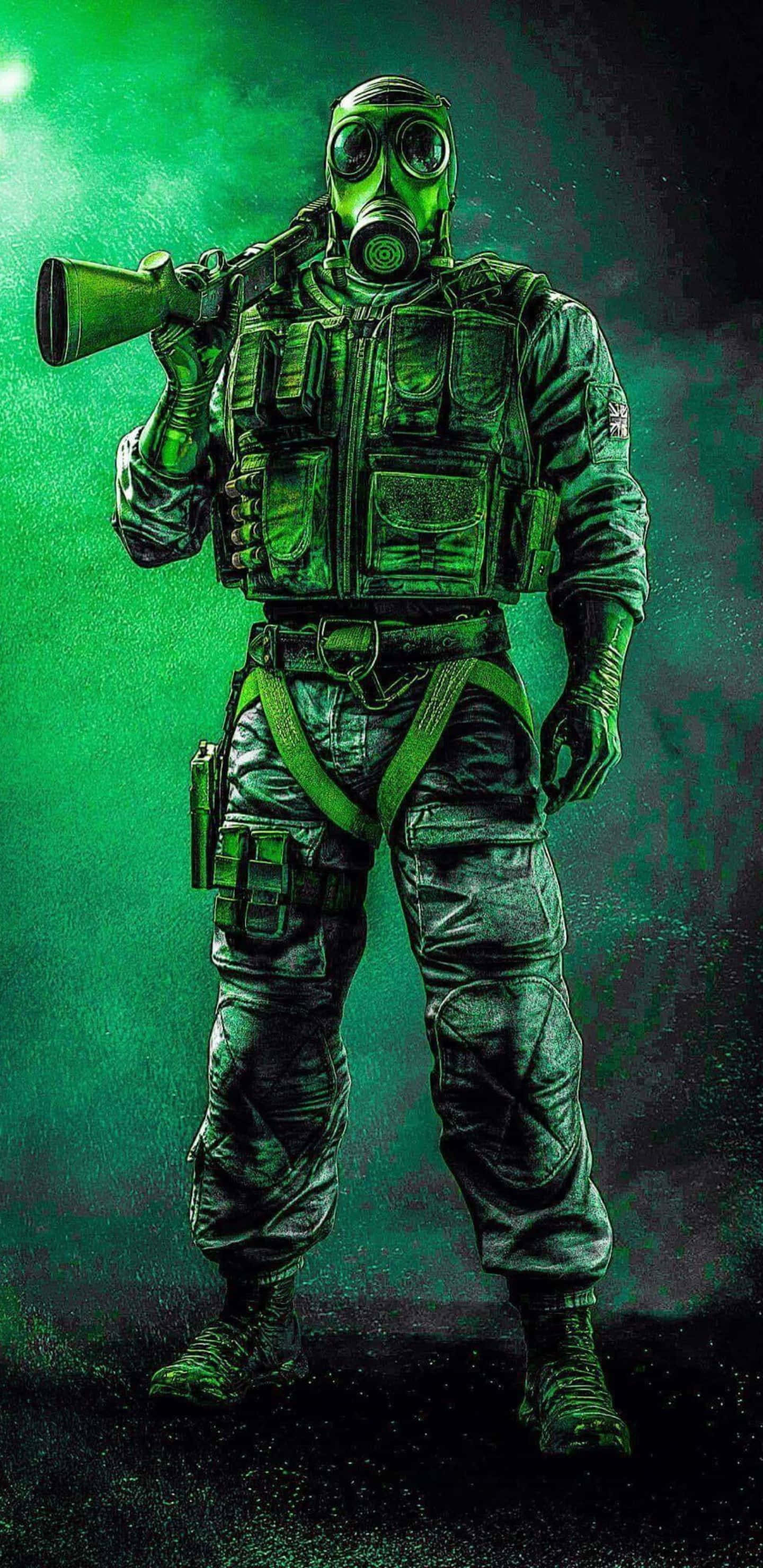Pixel 3xl Rainbow Six Siege 桌布 壁紙 — 一名身穿全套戰術裝備和防毒面具的士兵，在發光的綠色煙霧背景下手持武器。
