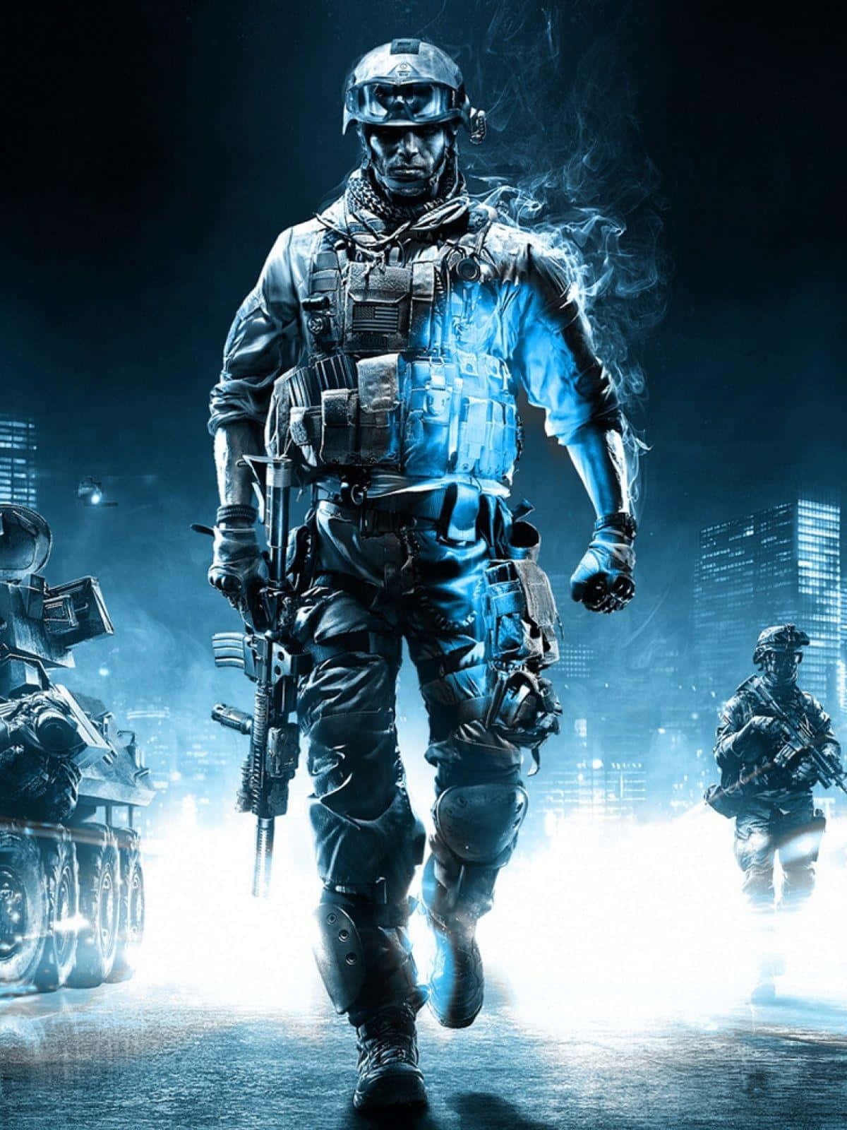 Action Games 桌布 壁紙 — 一名身穿全套戰術裝備的士兵，在強烈藍色燈光下，穿越煙霧瀰漫的城市戰場向前邁進。