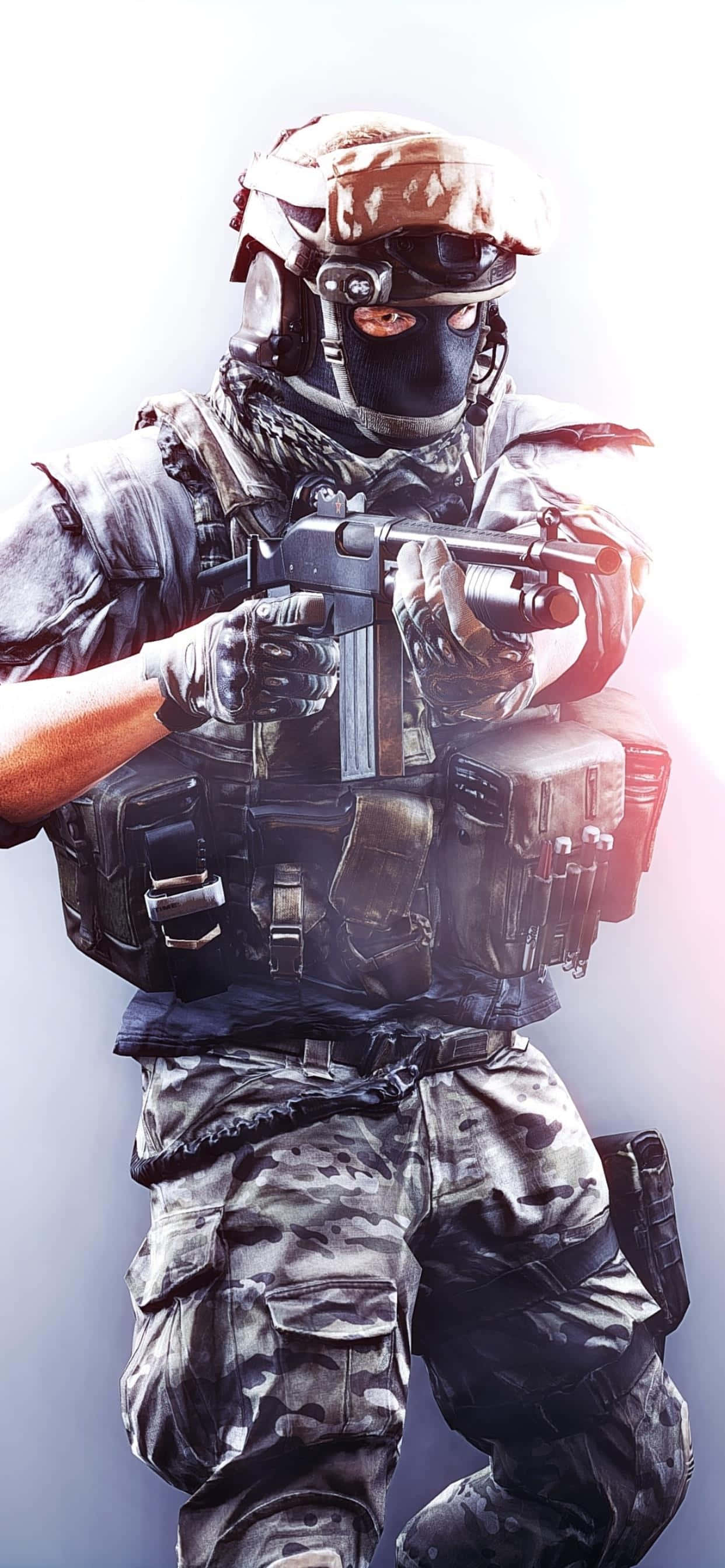 iPhone Xs Max Battlefield 4 桌布 壁紙 — 一名身穿全套戰術裝備的士兵，在明亮發光的背景下手持衝鋒槍。
