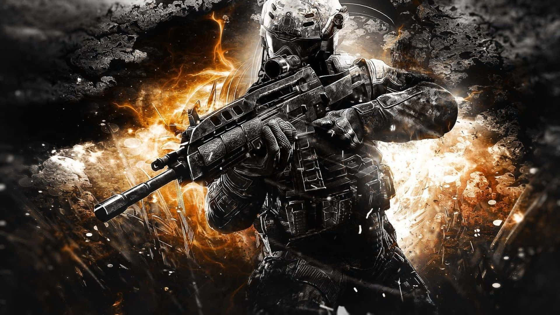 Call Of Duty Weapons 桌布 壁紙 — 一名身穿全套戰術裝備的士兵，在熾熱爆炸和煙霧的背景下持步槍站立。