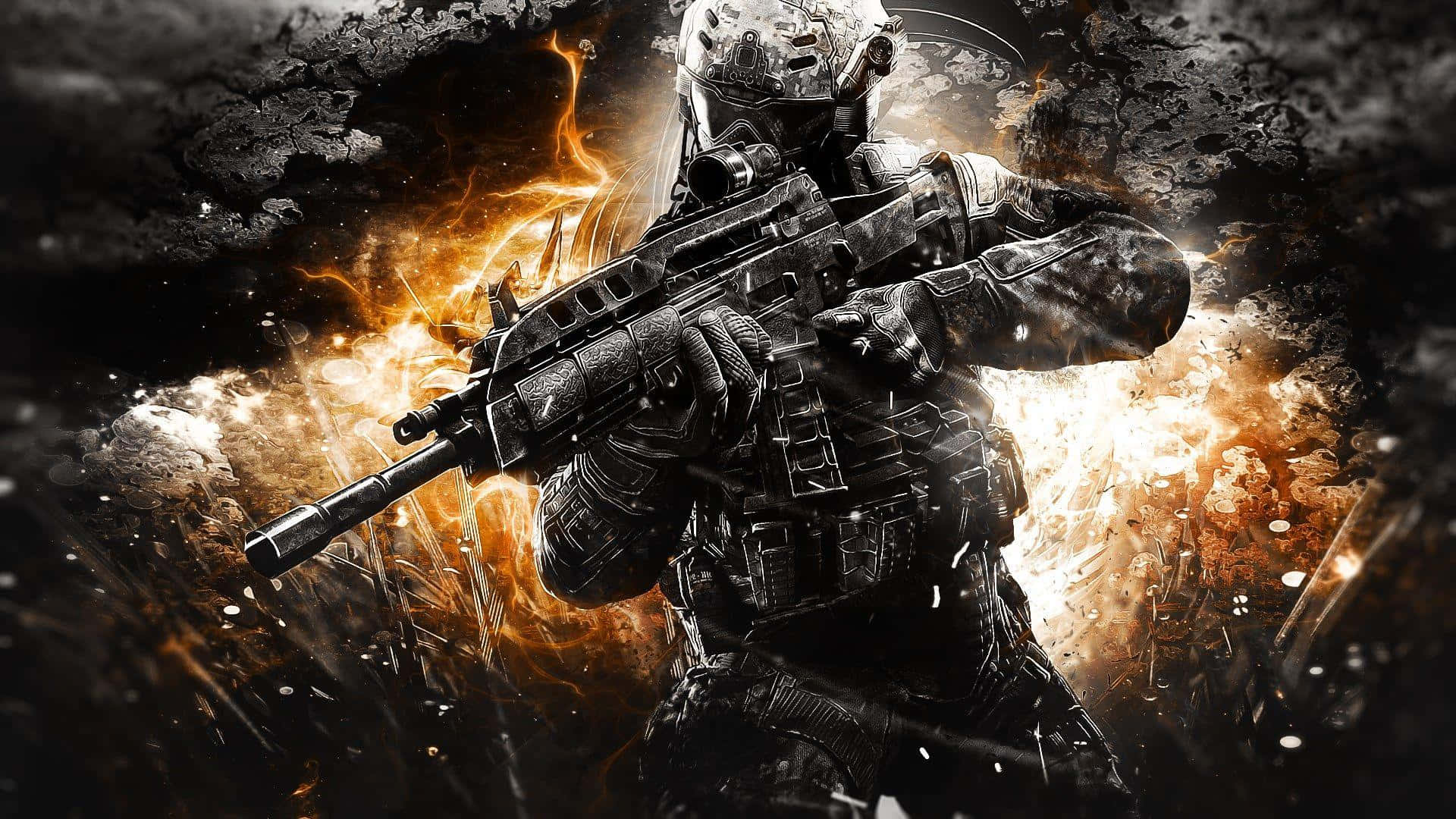 Call Of Duty 2020 桌布 壁紙 — 一名身穿全套戰術裝備的士兵，在熾熱的橙色火焰和旋轉的黑煙中，堅定地對抗著爆炸。