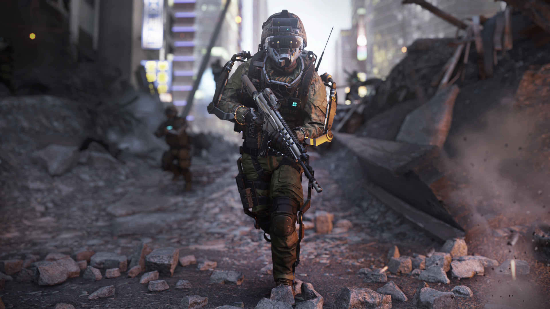 4K Call Of Duty Modern Warfare 桌布 壁紙 — 一名身穿全套戰術裝備的士兵在佈滿瓦礫的城市戰場上前進，身後可見另一名士兵。