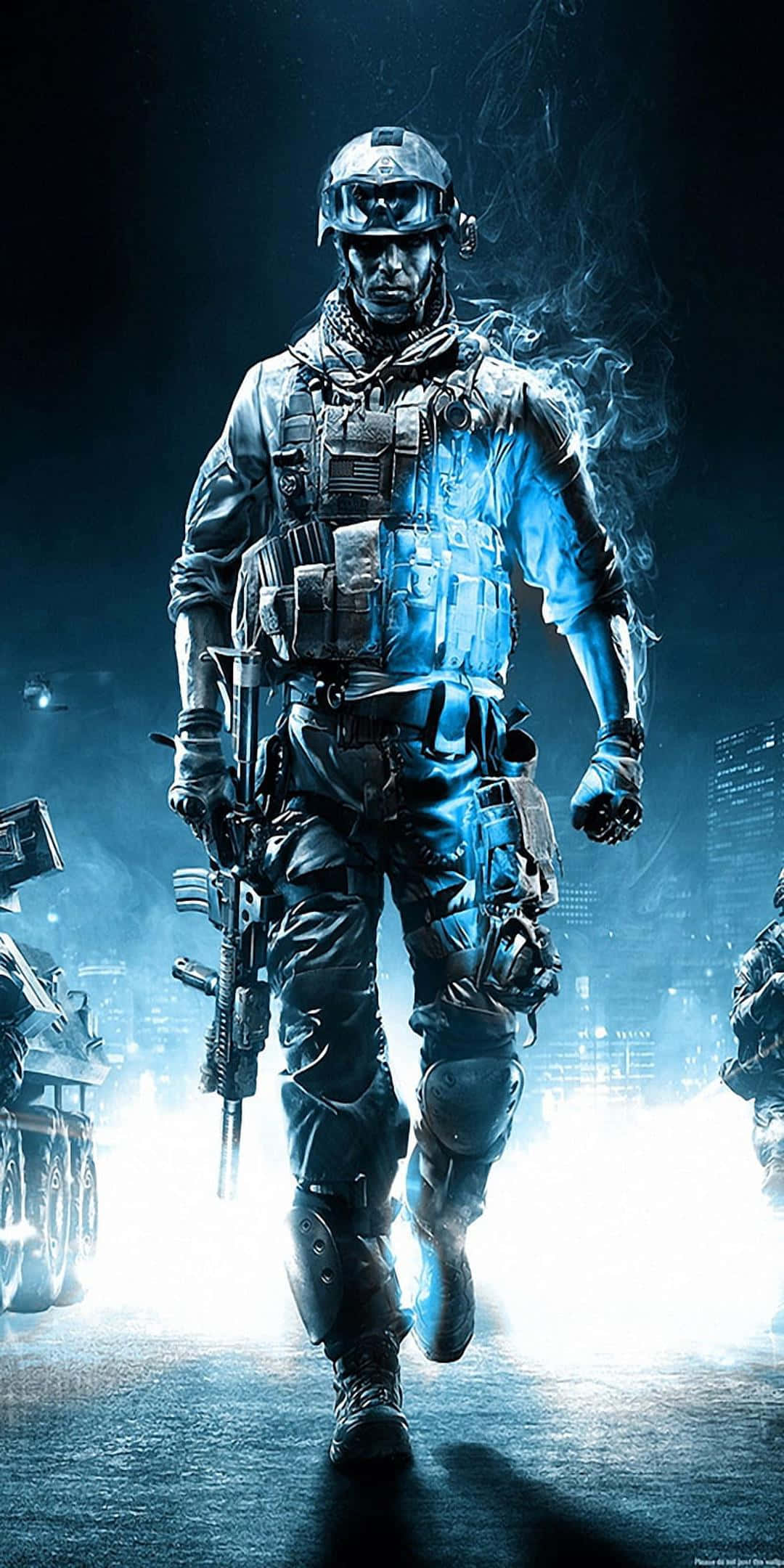 Pixel 3 Battlefield 3 桌布 壁紙 — 一名身穿全套戰術裝備的士兵在強烈藍色燈光下，穿過煙霧瀰漫的城市戰場向前邁進。