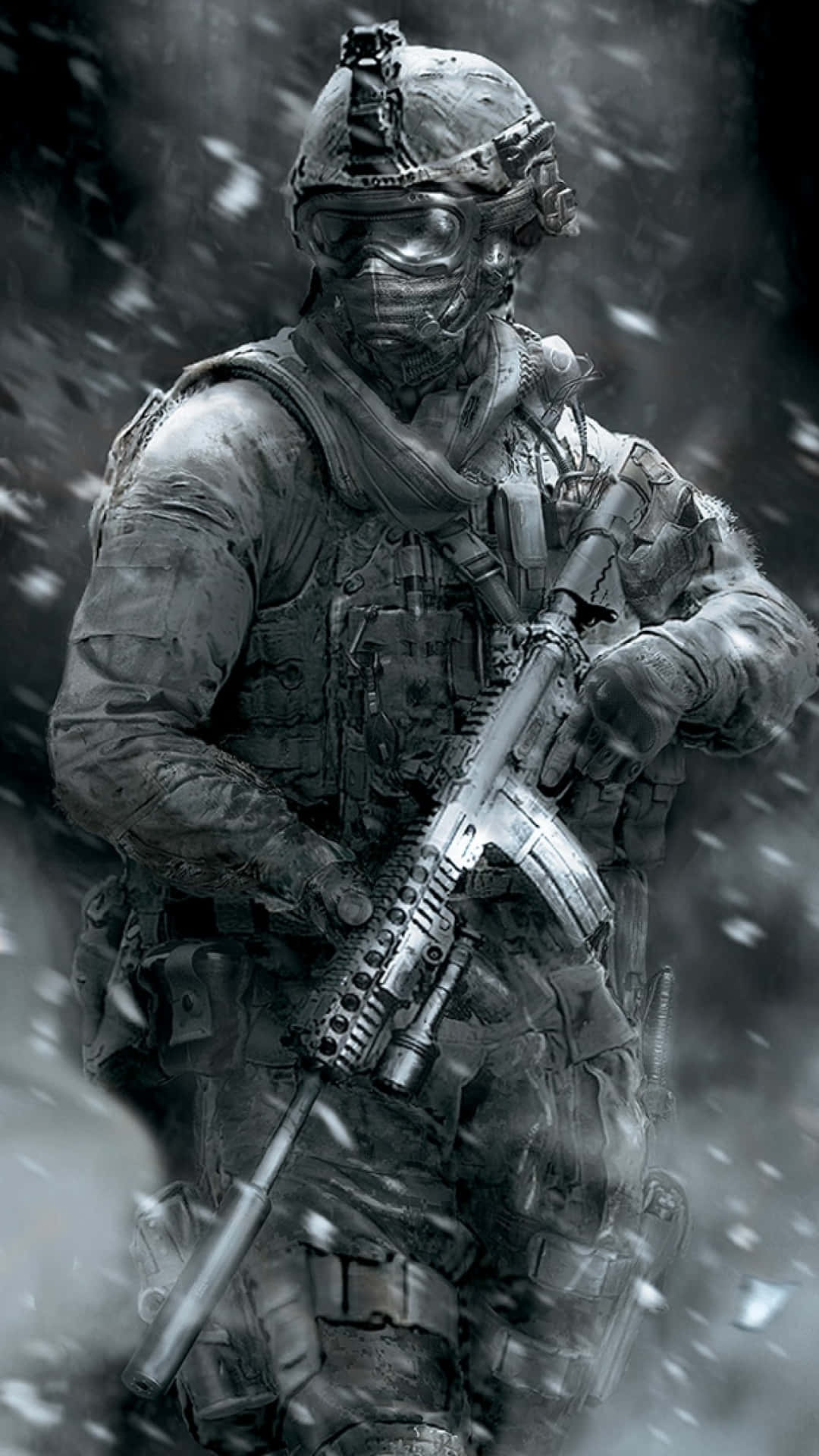 Call Of Duty First Person Shooter 桌布 壁紙 — 一名身穿全套戰術裝備的士兵在暴風雪中堅定站立，手持步槍，雪花在他周圍旋轉。