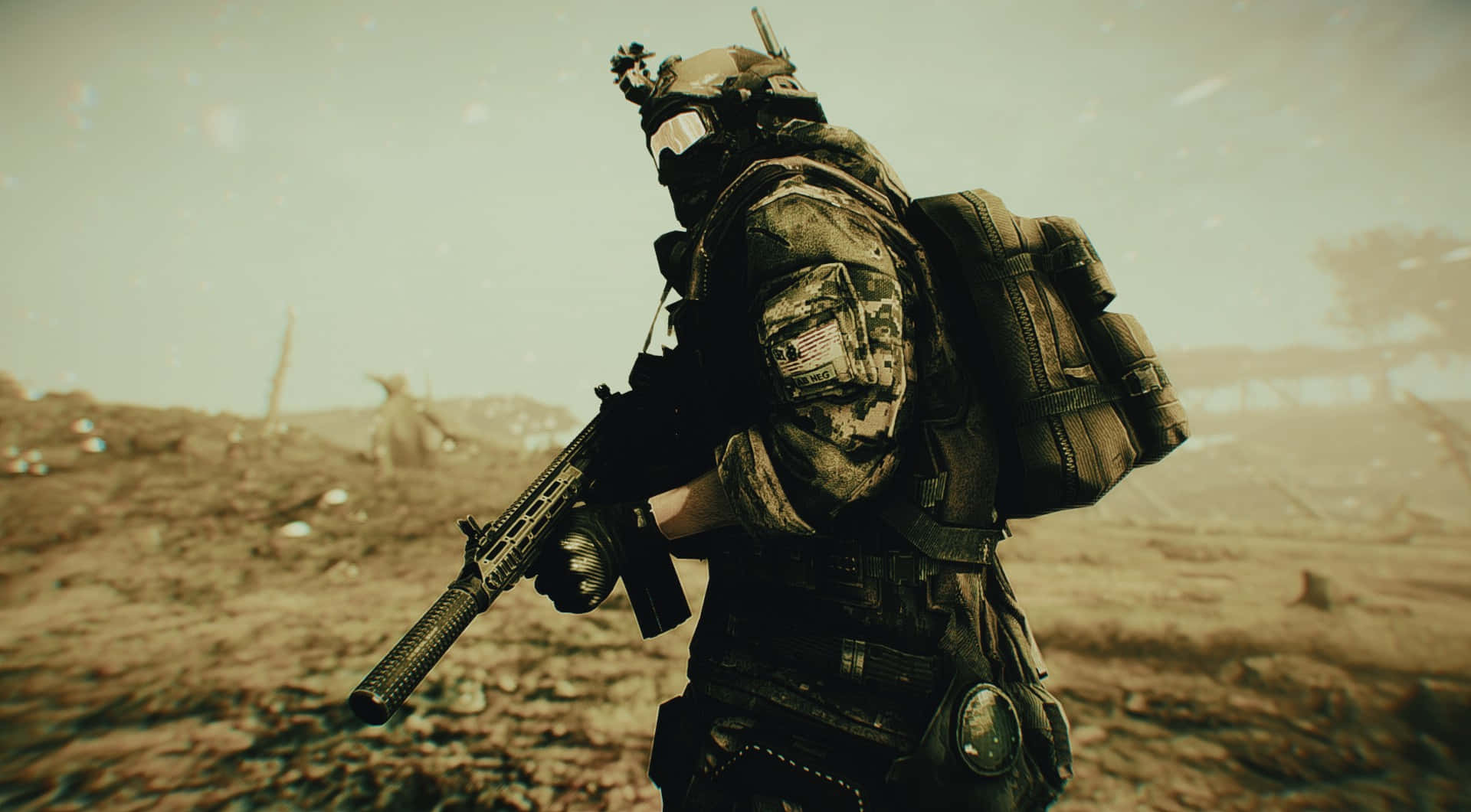 Fallout Brotherhood Of Steel 桌布 壁紙 — 一名身穿全套戰術裝備的士兵在朦朧的天空下，手持步槍走過塵土飛揚的戰場。