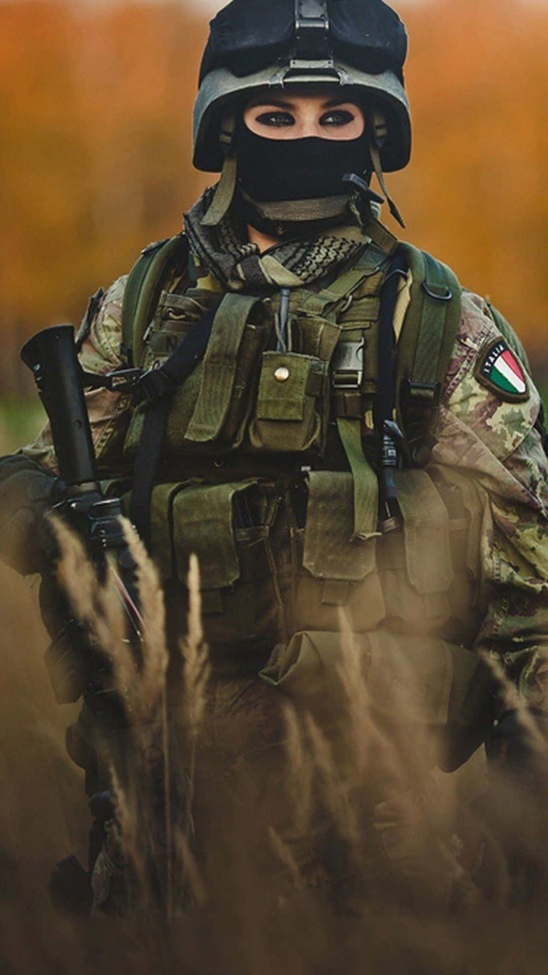軍事動圖 桌布 壁紙 — 一名身穿全套戰術裝備的士兵在溫暖的秋日光線下，於高草叢生的田野中保持警覺。