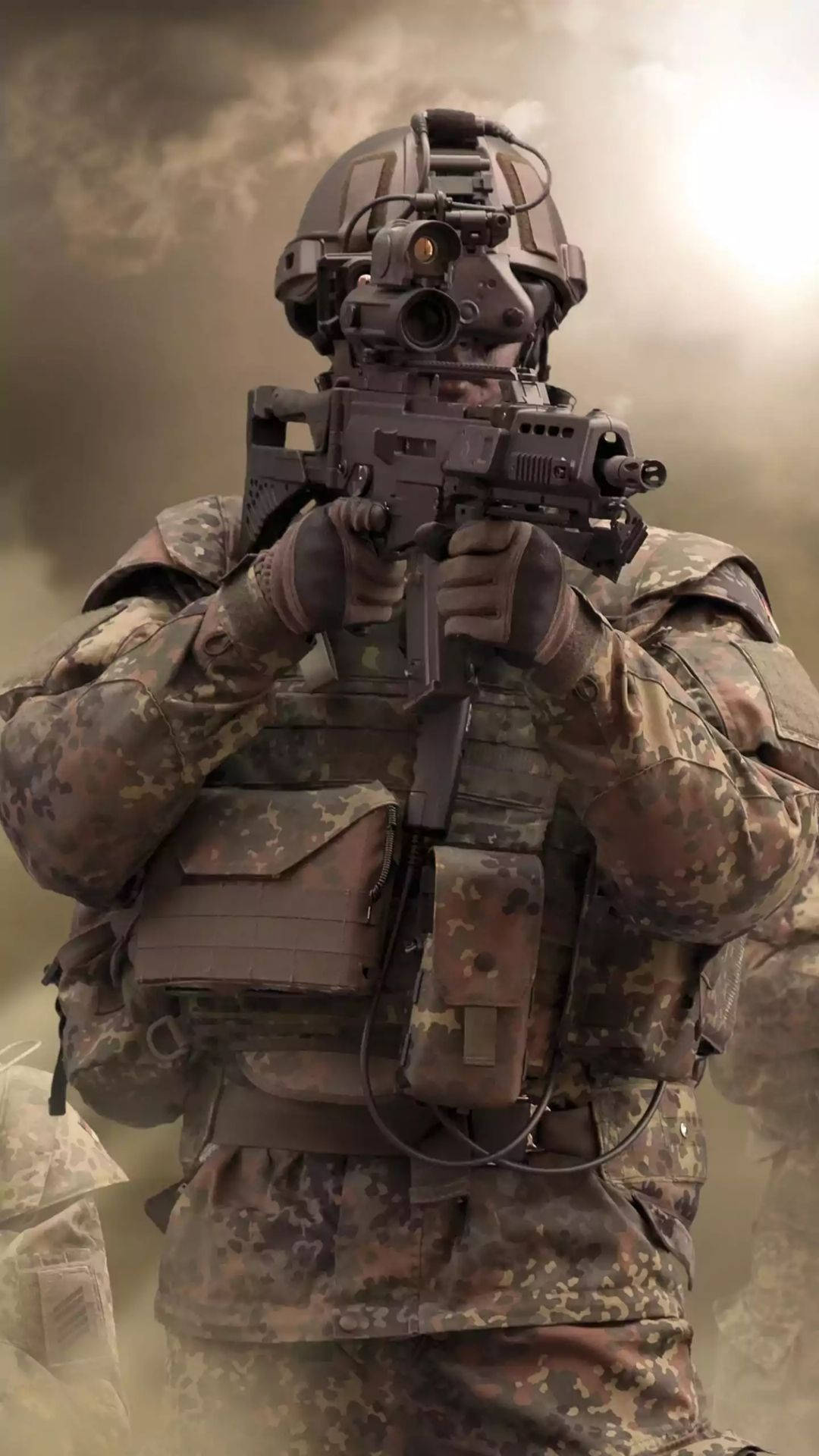 身穿迷彩裝備的士兵透過煙霧瞄準步槍。