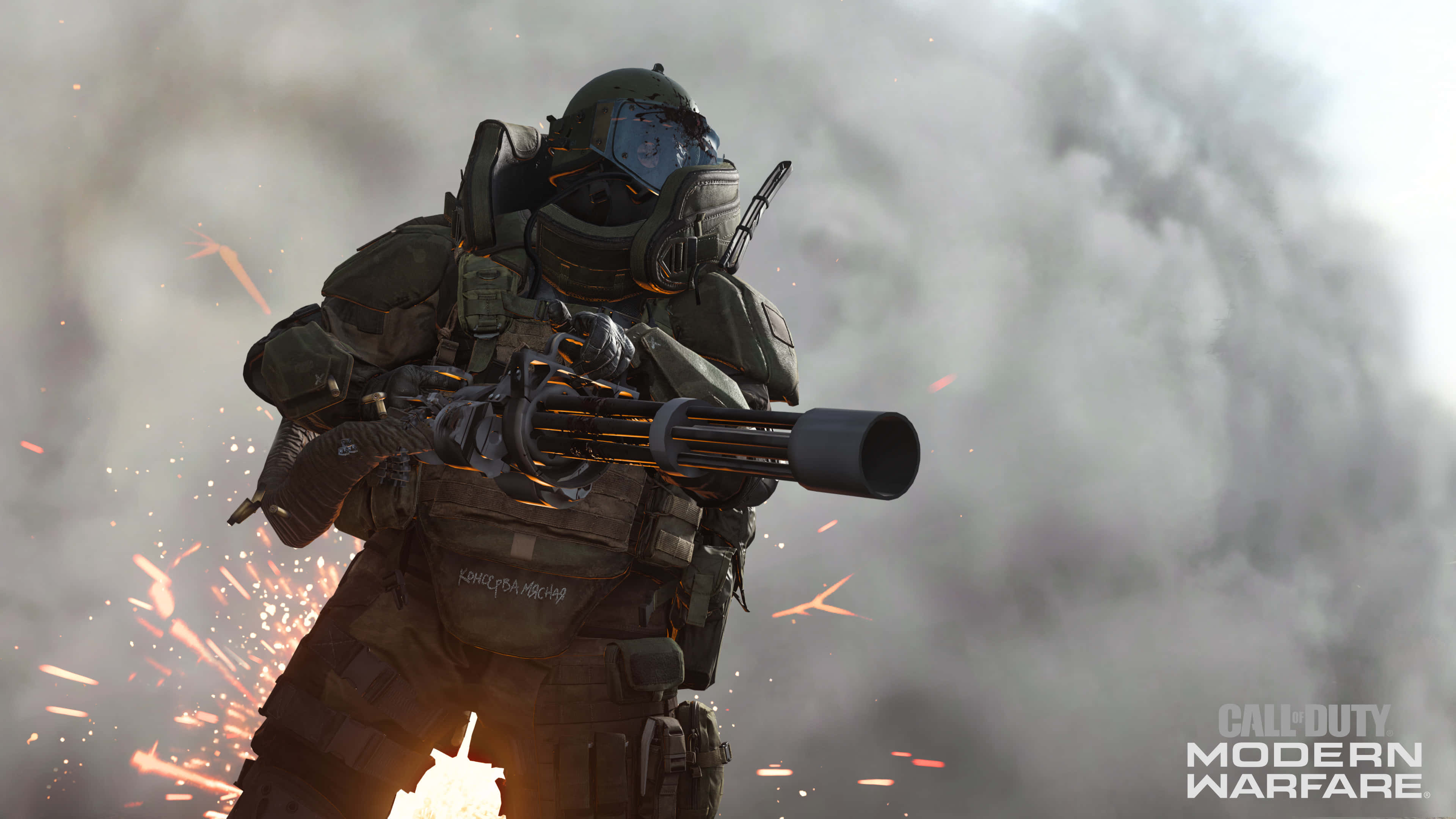 HD Call Of Duty Modern Warfare 桌布 壁紙 — 一名身穿全套戰術裝備的士兵在煙霧和火花中發射迷你砲，呈現激烈的戰鬥場景。