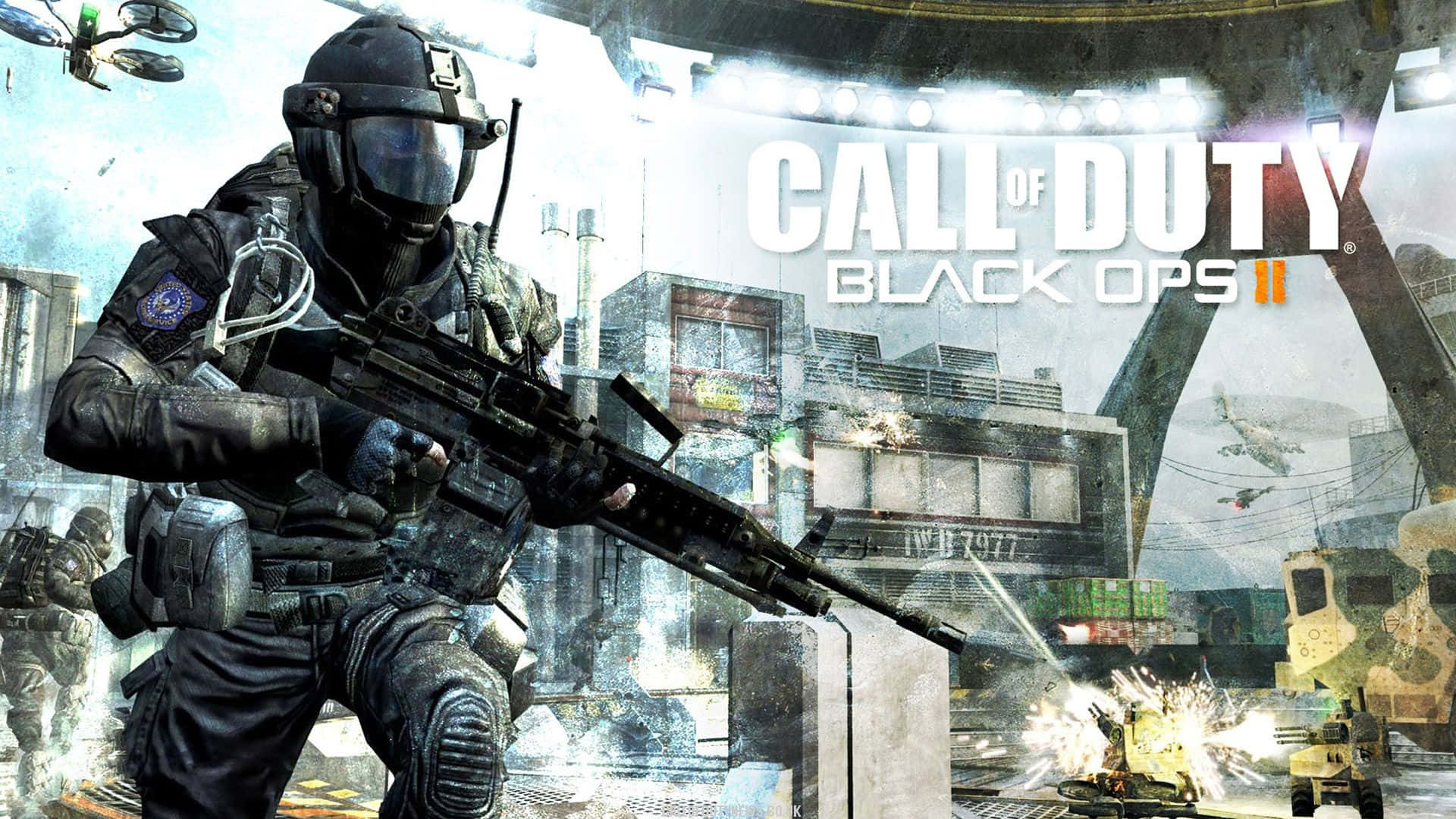Call Of Duty First Person Shooter 桌布 壁紙 — 一名身穿全套戰術裝備的士兵在爆炸和直升機背景下的城市戰中瞄準步槍。