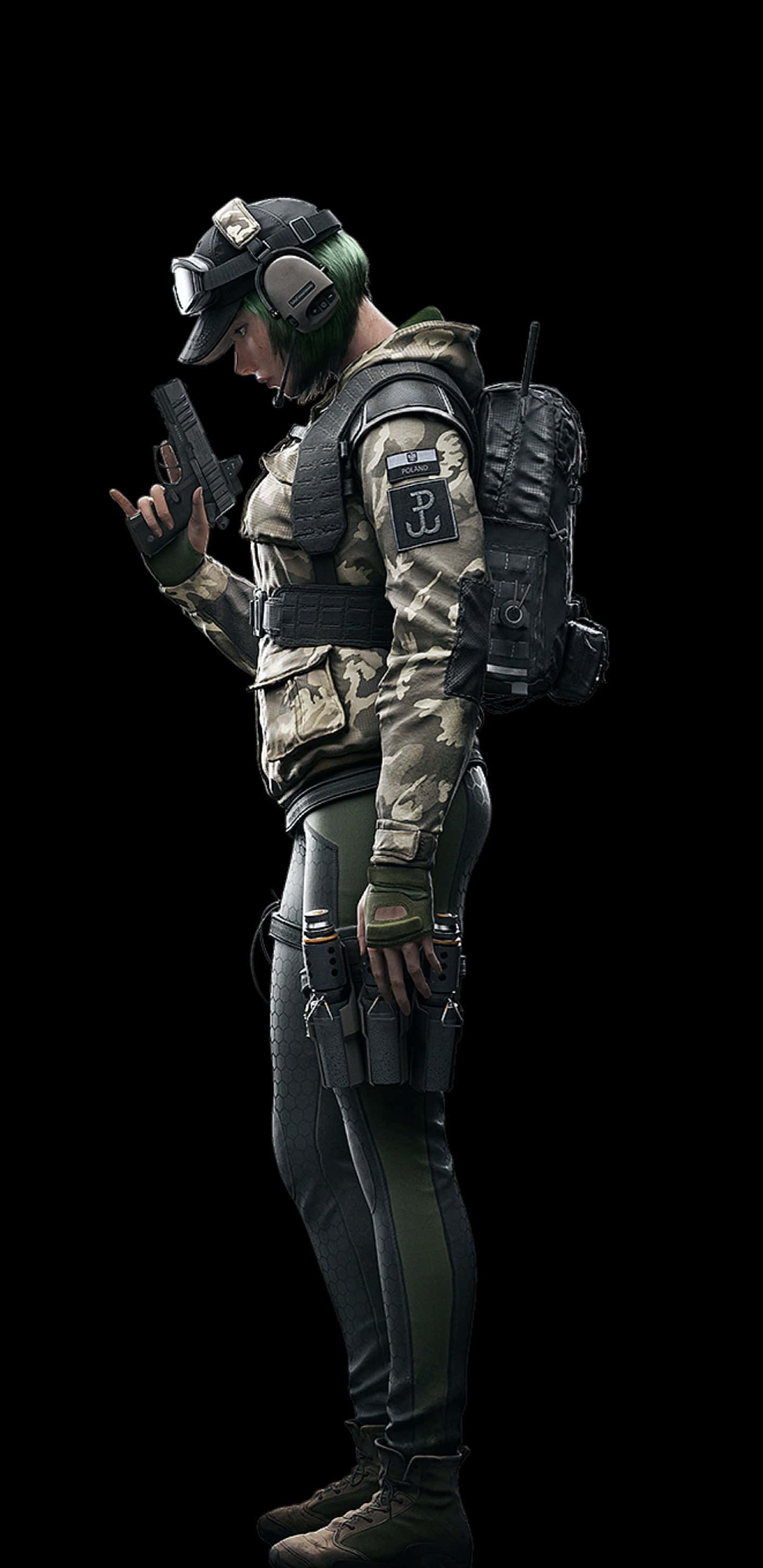Pixel 3xl Rainbow Six Siege 桌布 壁紙 — 一名身穿全套戰術裝備的士兵在黑色背景前側身站立，手持手槍。