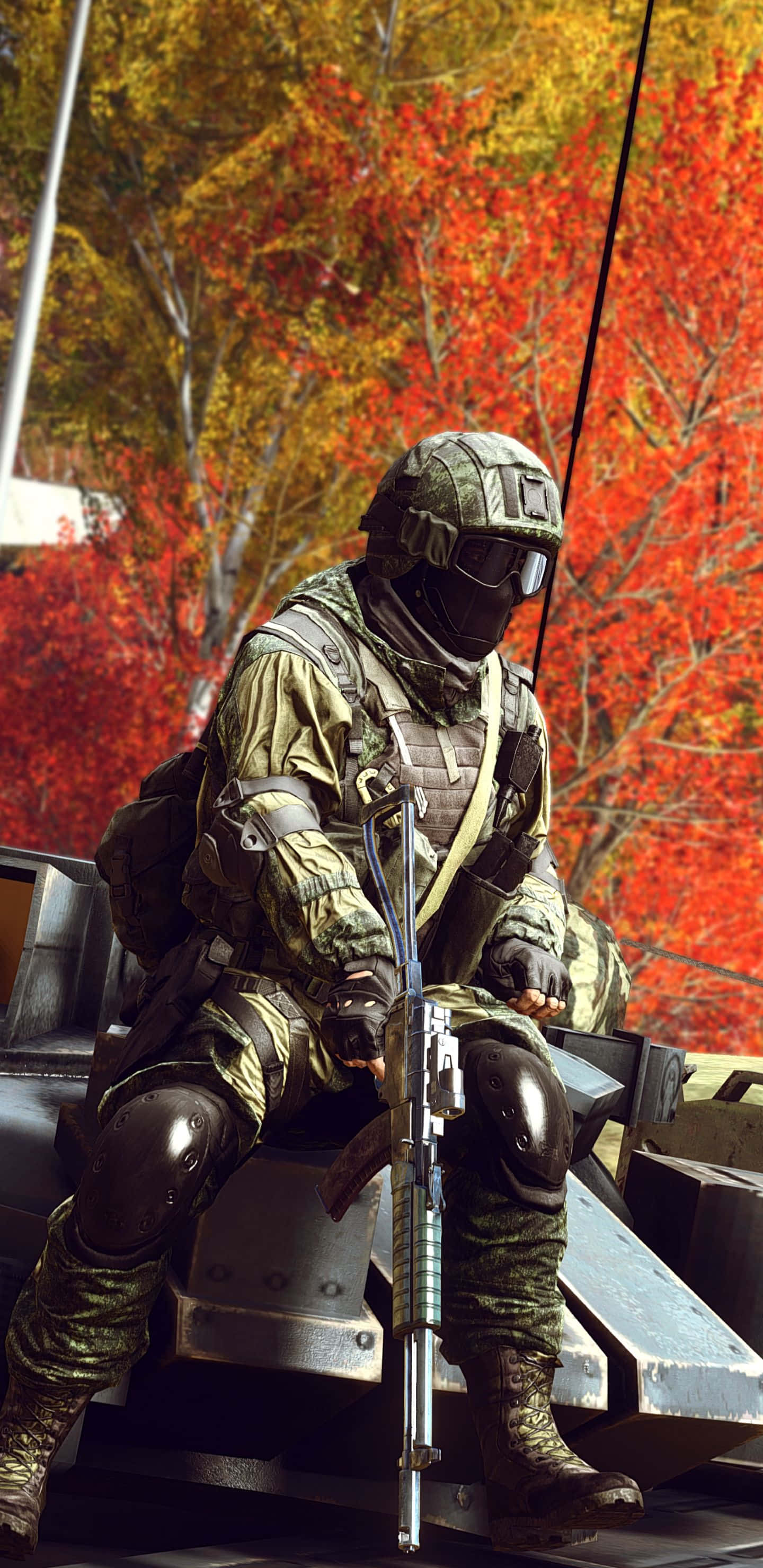 Pixel 3xl Battlefield 4 桌布 壁紙 — 一名身穿全套戰術裝備的士兵坐在車輛上，背景是火紅的秋葉。