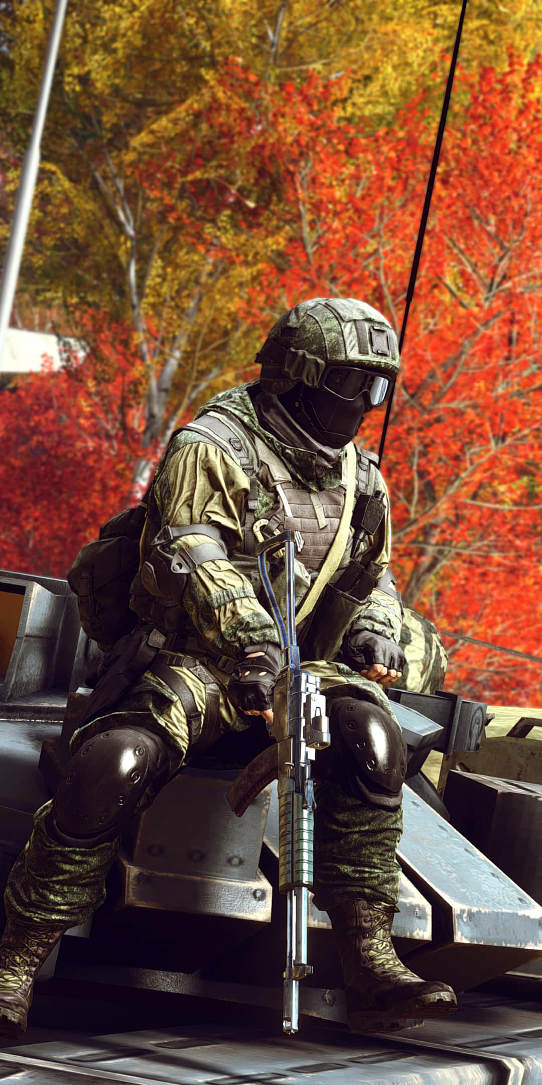 Rifle 桌布 壁紙 — 一名身穿全套戰術裝備的士兵坐在車輛上，背景是火紅的秋葉。