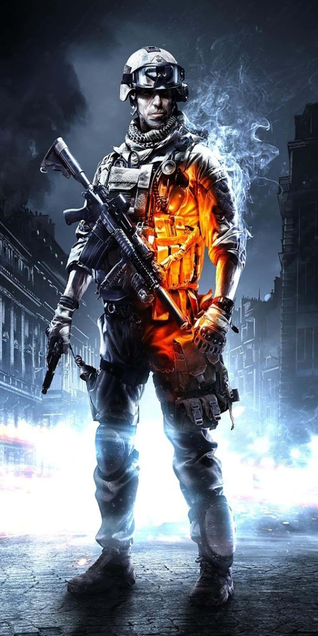Pixel 3 Battlefield 3 桌布 壁紙 — 一名身穿全套戰術裝備的士兵站在城市廢墟中，火焰吞噬他的軀幹，煙霧在他周圍旋轉。