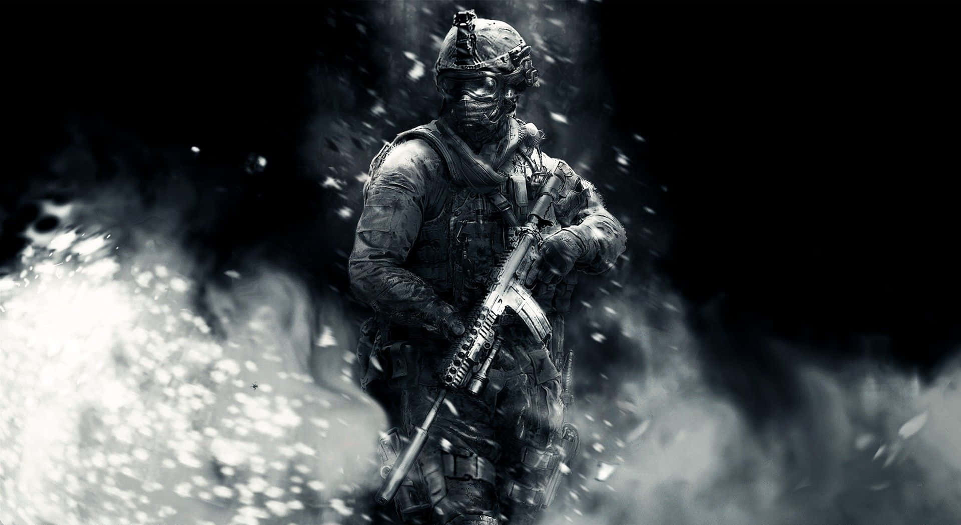 Cod 桌布 壁紙 — 一名身穿全套戰術裝備的士兵站在爆炸煙霧和碎片中，呈現高對比度的黑白場景。