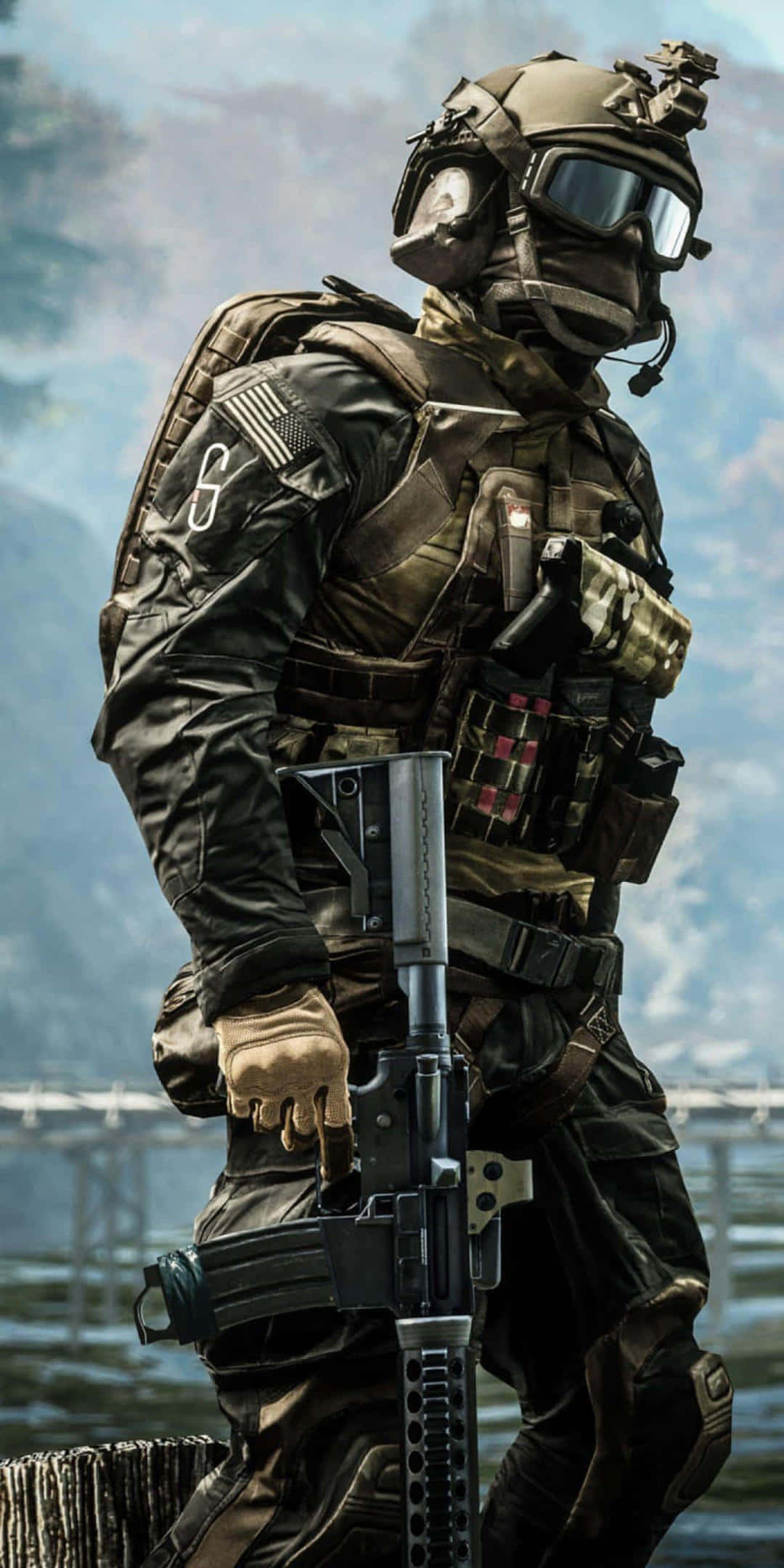 Pixel 3 Battlefield 3 桌布 壁紙 — 一名身穿全套戰術裝備的士兵警覺地持步槍，背景是霧氣瀰漫的山巒。