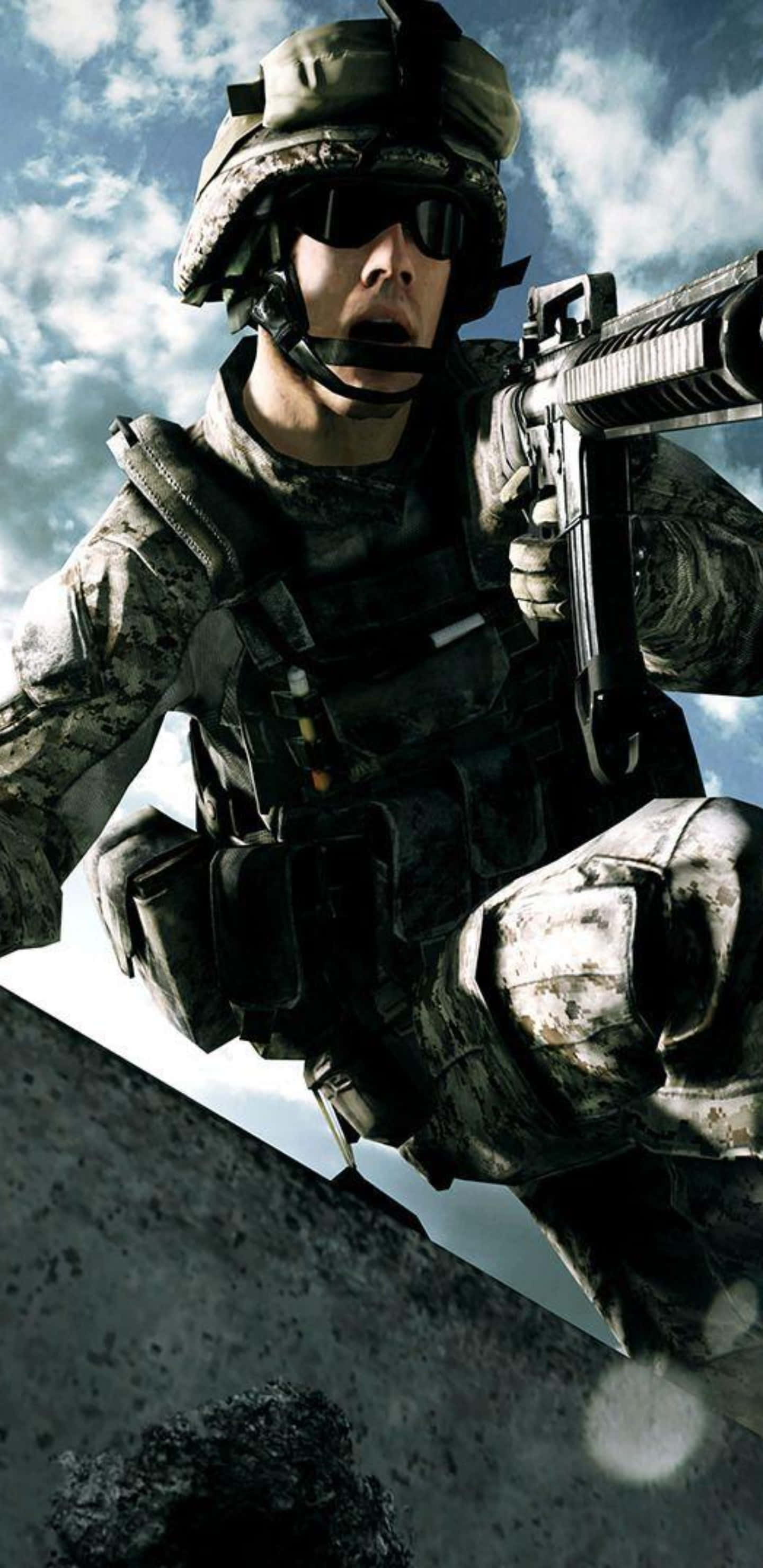 Pixel 3xl Battlefield 4 桌布 壁紙 — 一名身穿全套戰鬥裝備的士兵，在戲劇性的多雲天空下，專注地瞄準步槍。