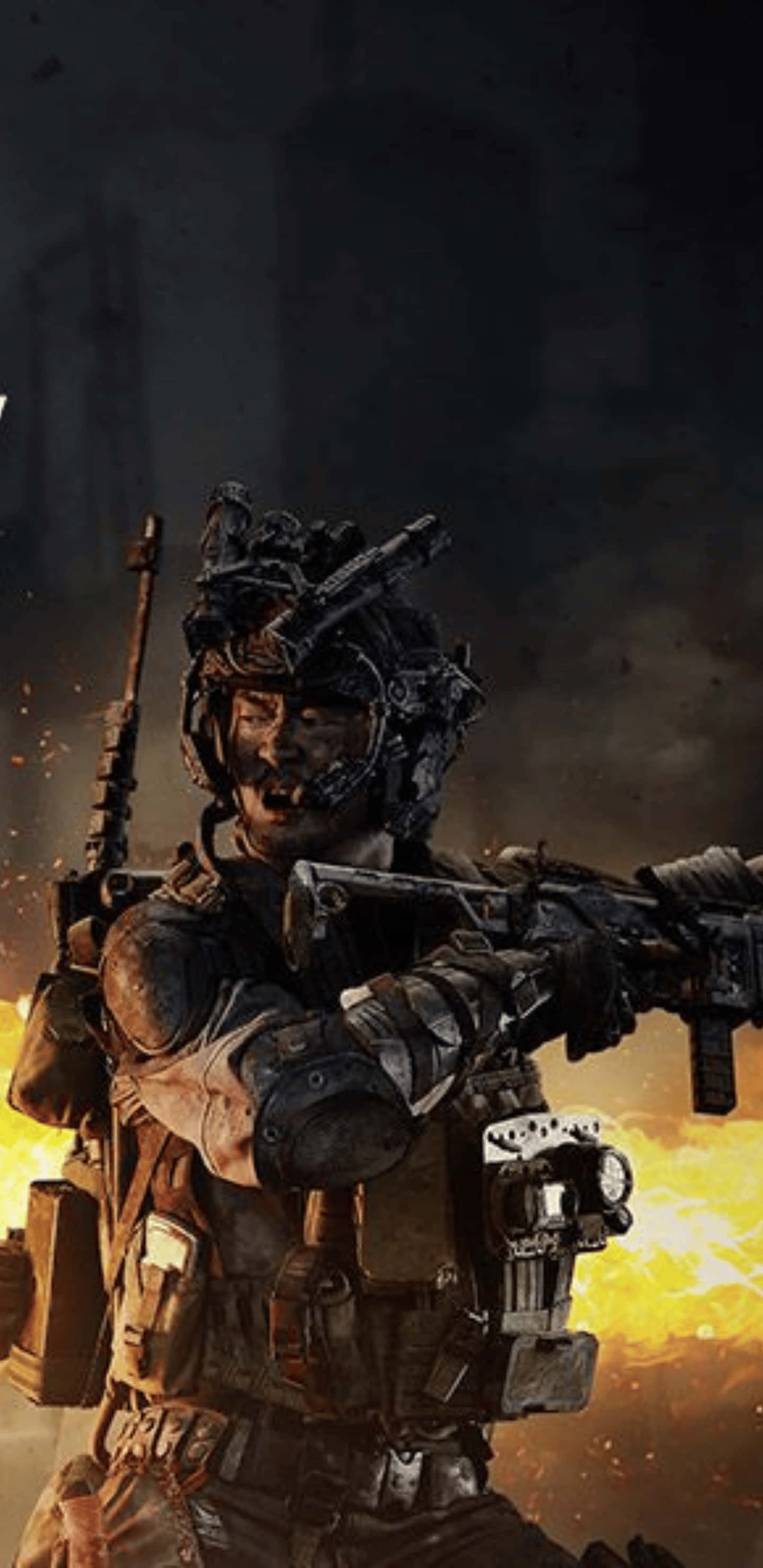 Pixel 3xl Call Of Duty Black Ops 4 桌布 壁紙 — 一名身穿全套戰鬥裝備的士兵，在煙霧和碎片環繞的猛烈爆炸中，挑釁地站立著。