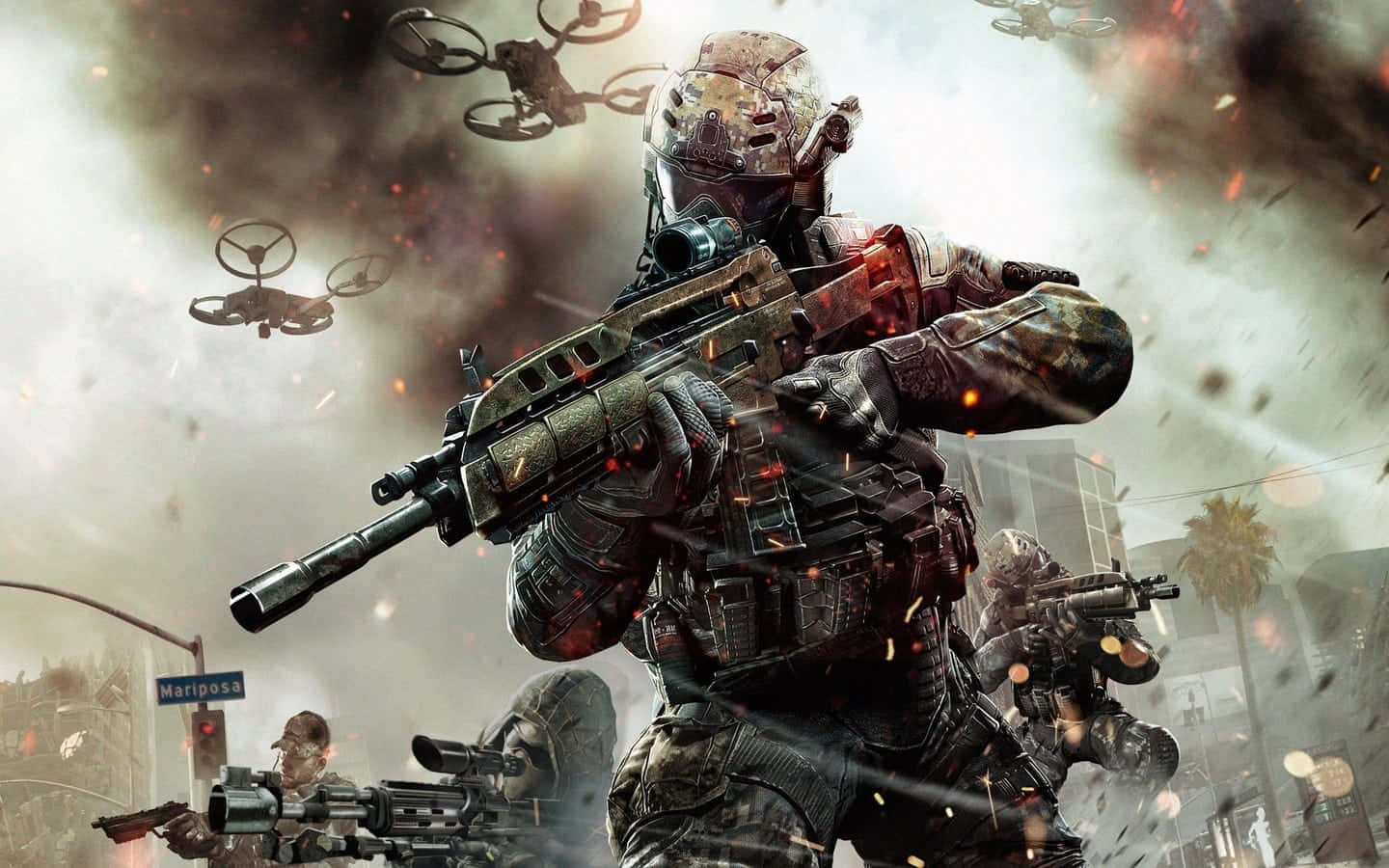 Call Of Duty First Person Shooter 桌布 壁紙 — 一名身穿全套戰鬥裝備的士兵在戰火摧殘的城市街道上，於爆炸和飛行的無人機之間開火步槍。