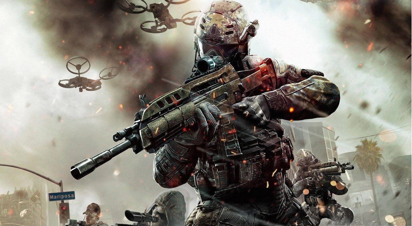 Cool Gaming 桌布 壁紙 — 一名身穿全套戰鬥裝備的士兵在煙霧和飛行的無人機中，於戰火摧殘的城市街道上發射步槍。