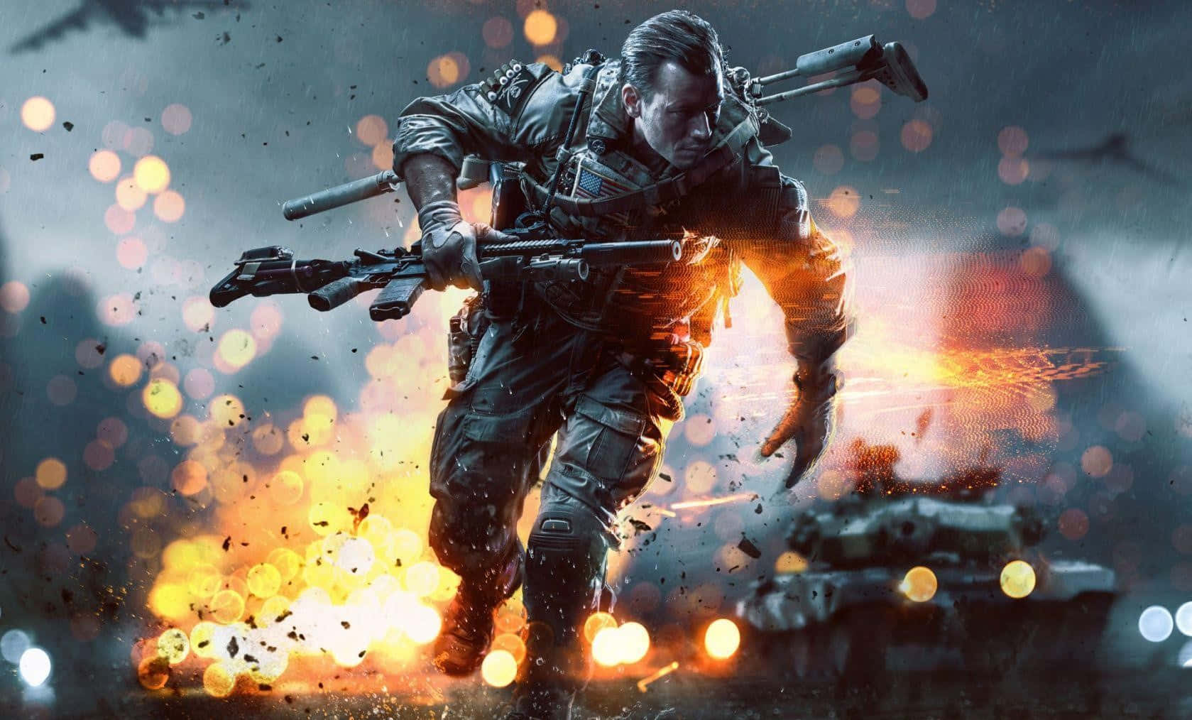 Best Battlefield V 桌布 壁紙 — 一名身穿全套戰鬥裝備的士兵在身後有爆炸和散景燈光的火熱戰場上衝刺。