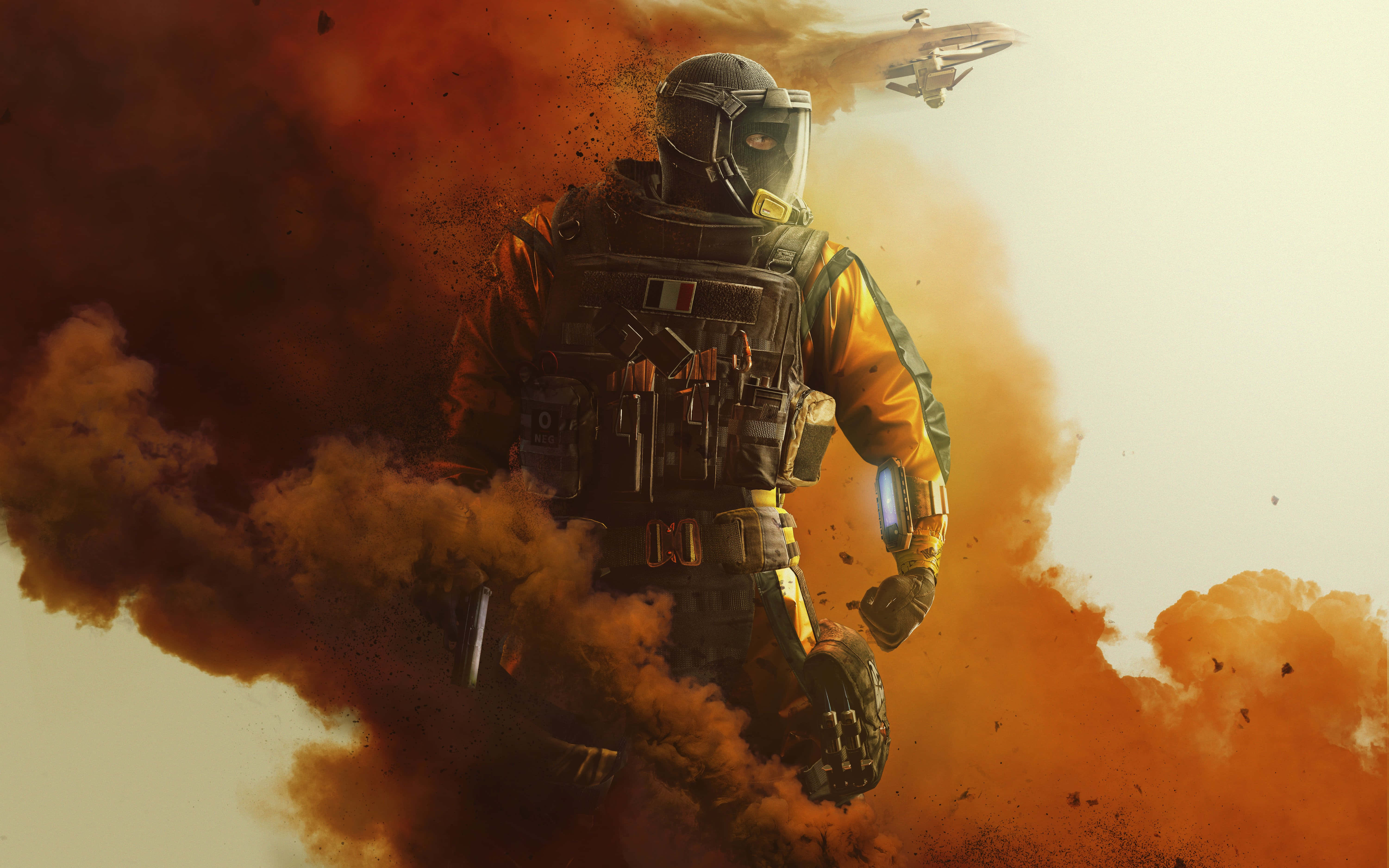 character 桌布 壁紙 — 一名身穿全套戰鬥裝備的士兵從猛烈爆炸中出現，一架未來風格的飛行器在上方飛過。