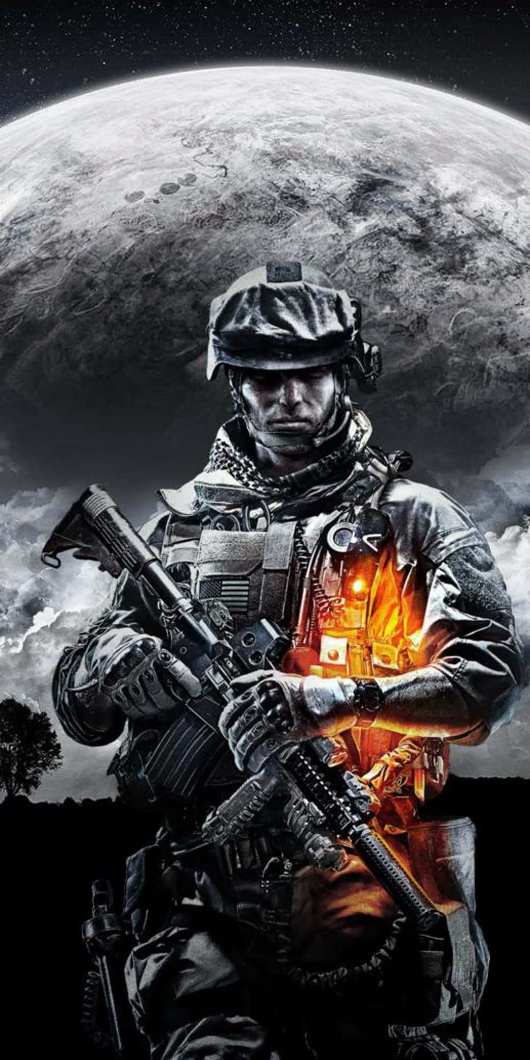 Pixel 3 Battlefield 3 桌布 壁紙 — 一名身穿全套戰鬥裝備的士兵站在一顆巨大的行星前，行星上有發光的橙色裝甲，背景是星空。