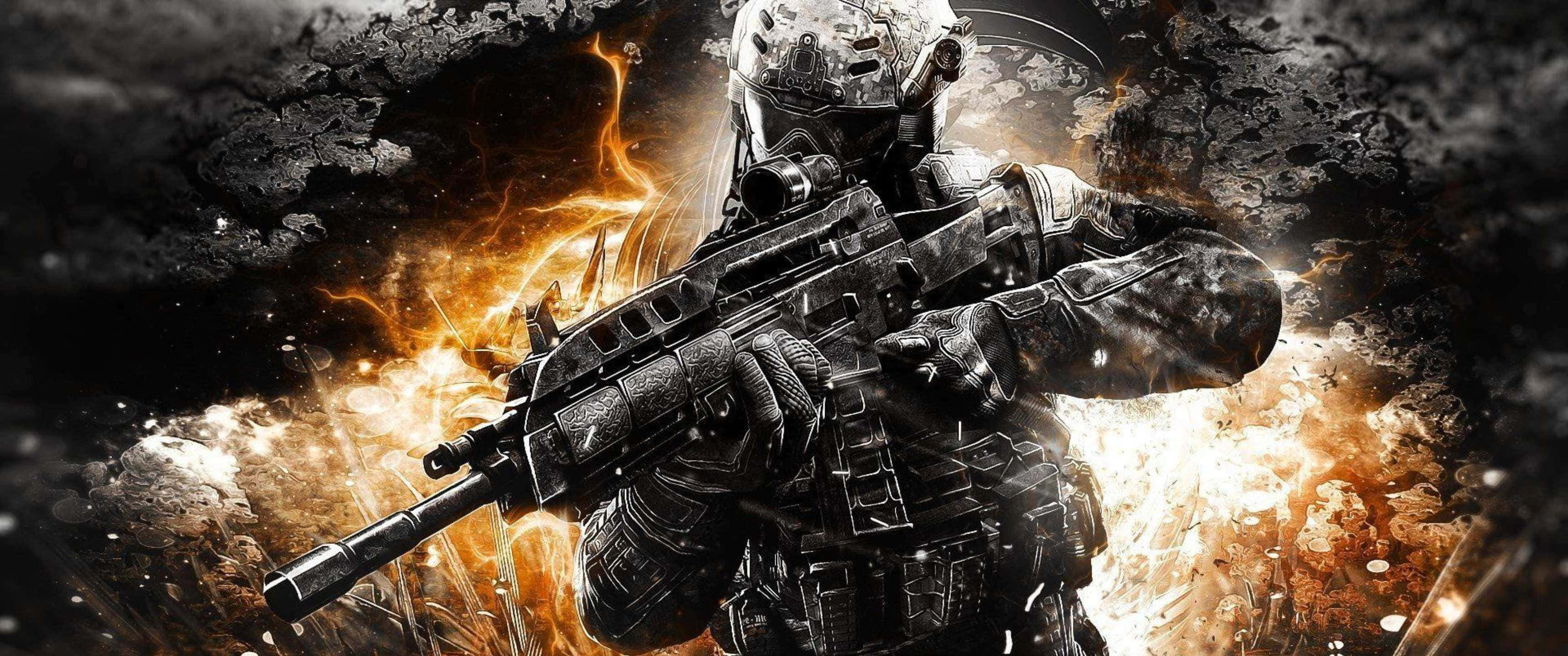 3440x1440p Call Of Duty Black Ops 4 桌布 壁紙 — 一名身穿全套戰鬥裝備的士兵站在熾熱的爆炸中，周圍有發光的橙色火焰和旋轉的黑煙。