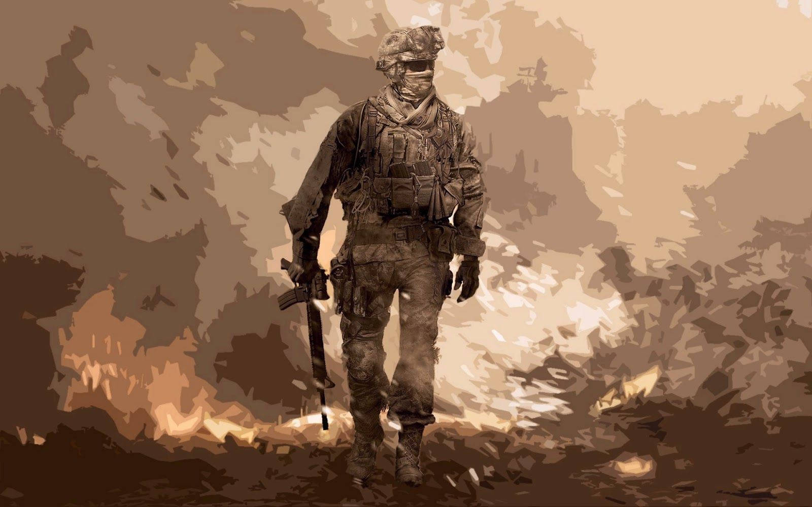 軍事動圖 桌布 壁紙 — 一名身穿全套戰鬥裝備的士兵走過煙霧瀰漫的戰場，身後有熾熱的爆炸。