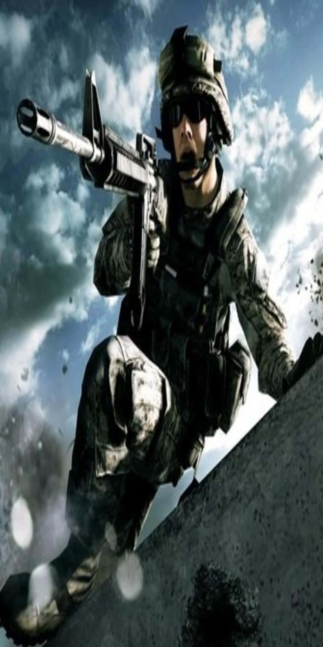 Pixel 3 Battlefield 3 桌布 壁紙 — 一名身穿全套戰鬥裝備的士兵蹲在混凝土邊緣，瞄準步槍，背景是戲劇性的多雲天空。