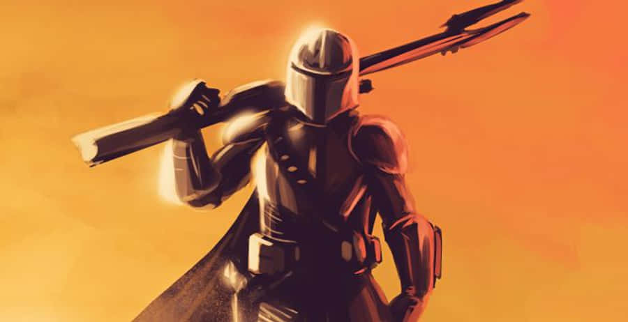 Mandalorian Pc 桌布 壁紙 — 一名身穿全套盔甲的曼達洛戰士，在橙紅色夕陽天空下，肩上扛著一把爆能步槍。