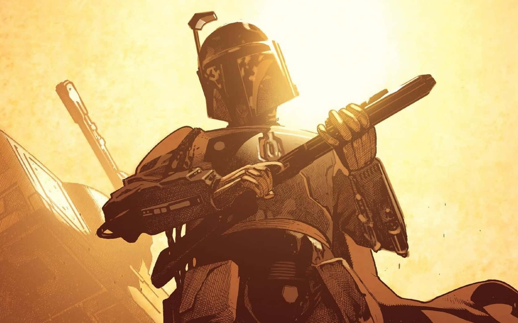 Star Wars Characters 桌布 壁紙 — 一名身穿全套盔甲的曼達洛戰士在金色日落背景下以剪影姿態站立，手持爆能步槍。