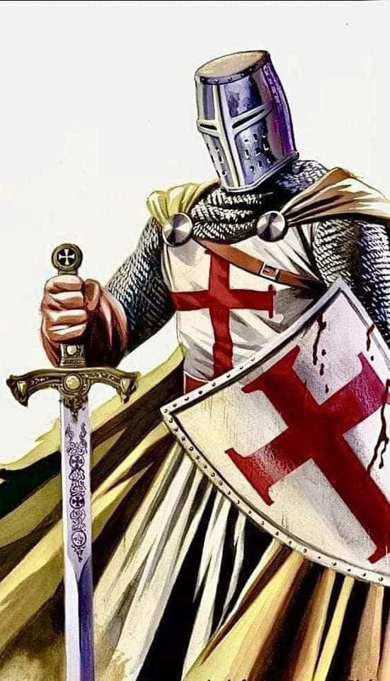 Crusader 桌布 壁紙 — 一名身穿全套盔甲的騎士，在純色背景前手持帶有紅色十字的劍和盾牌。