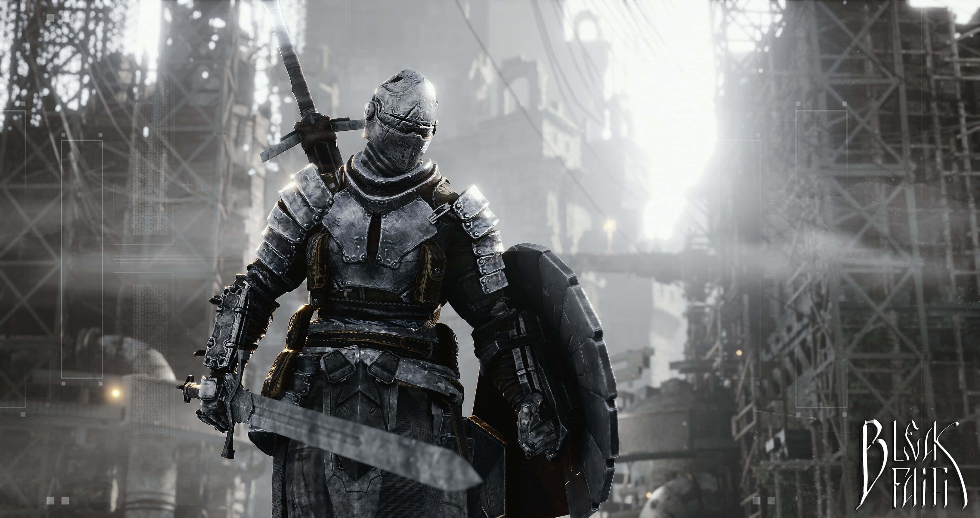 Warden For Honor 桌布 壁紙 — 一名身穿全套盔甲的騎士在廢墟工業城市景觀中，手持劍和盾牌，挑釁地站立。